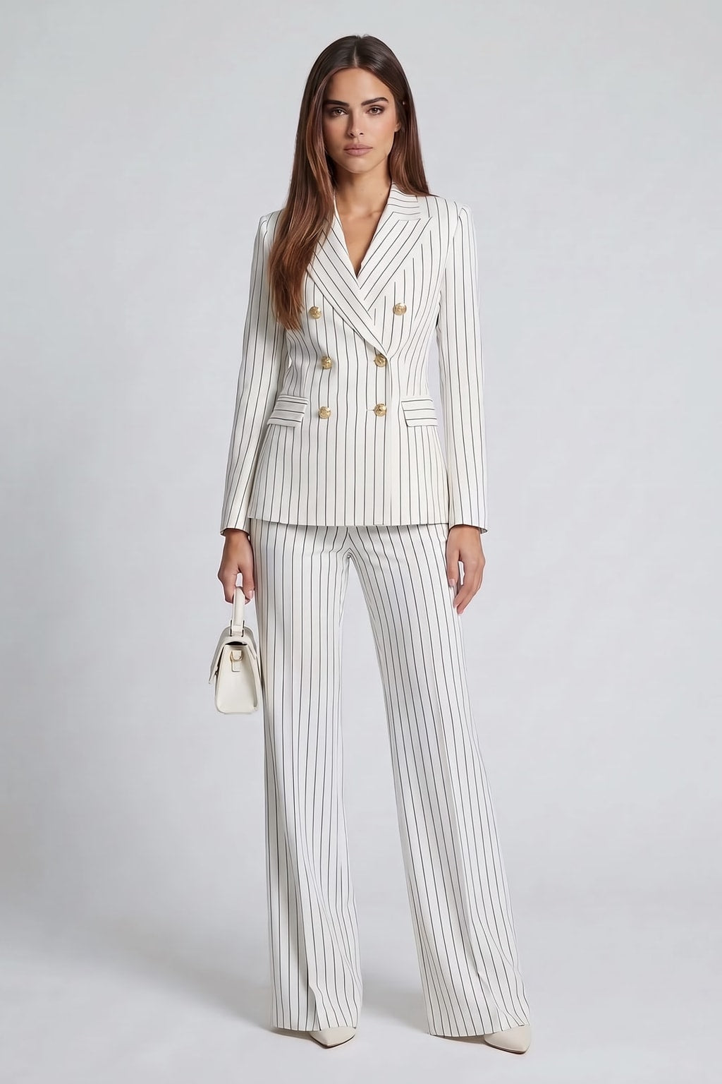 Elegant Pinstripe Double-Breasted Blazer & Wide-Leg Pants Set - 5