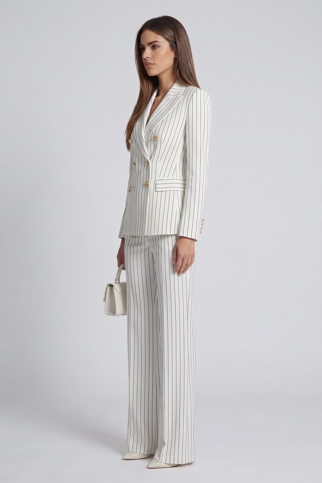 Elegant Pinstripe Double-Breasted Blazer & Wide-Leg Pants Set - 6