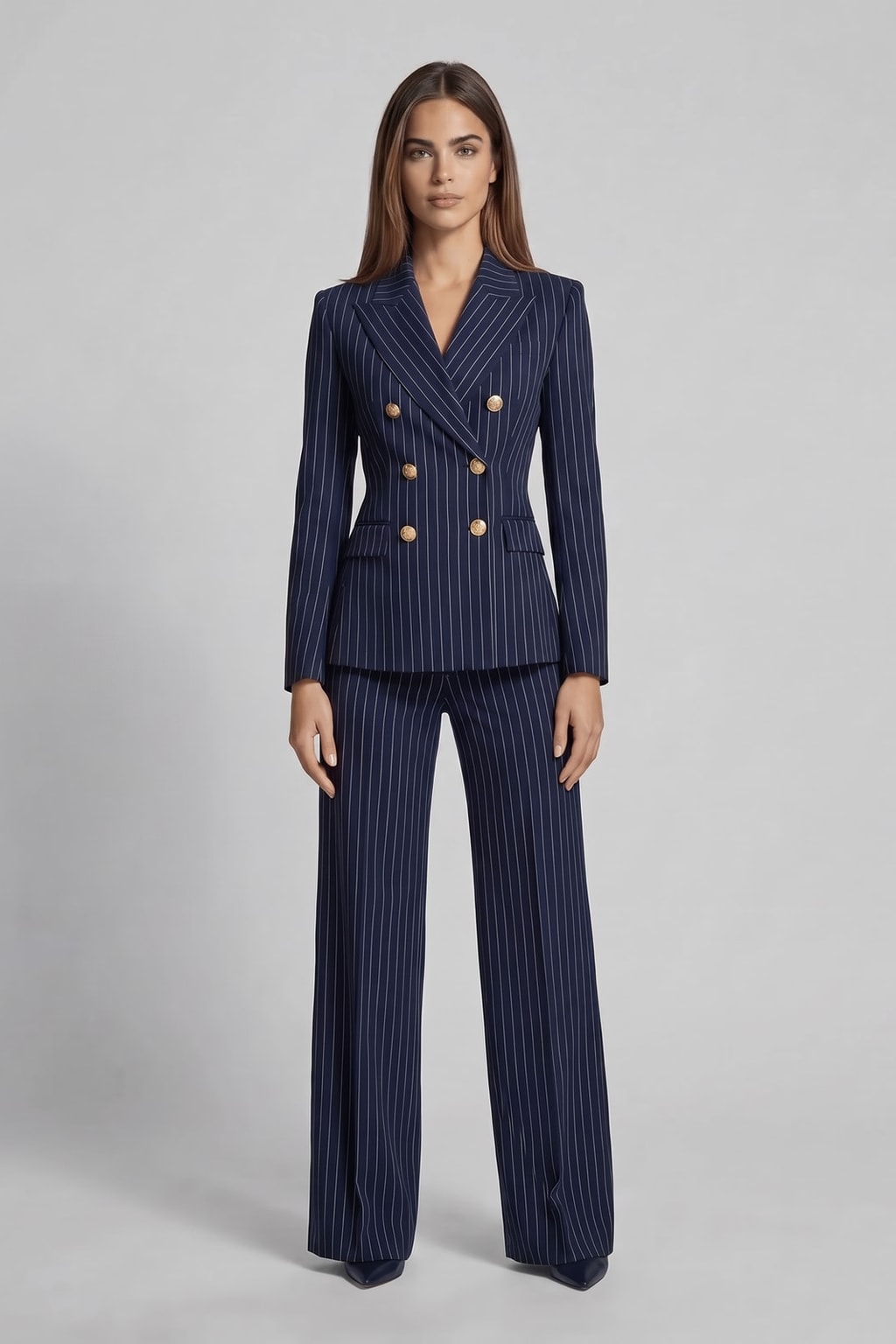 Elegant Pinstripe Double-Breasted Blazer & Wide-Leg Pants Set - 8