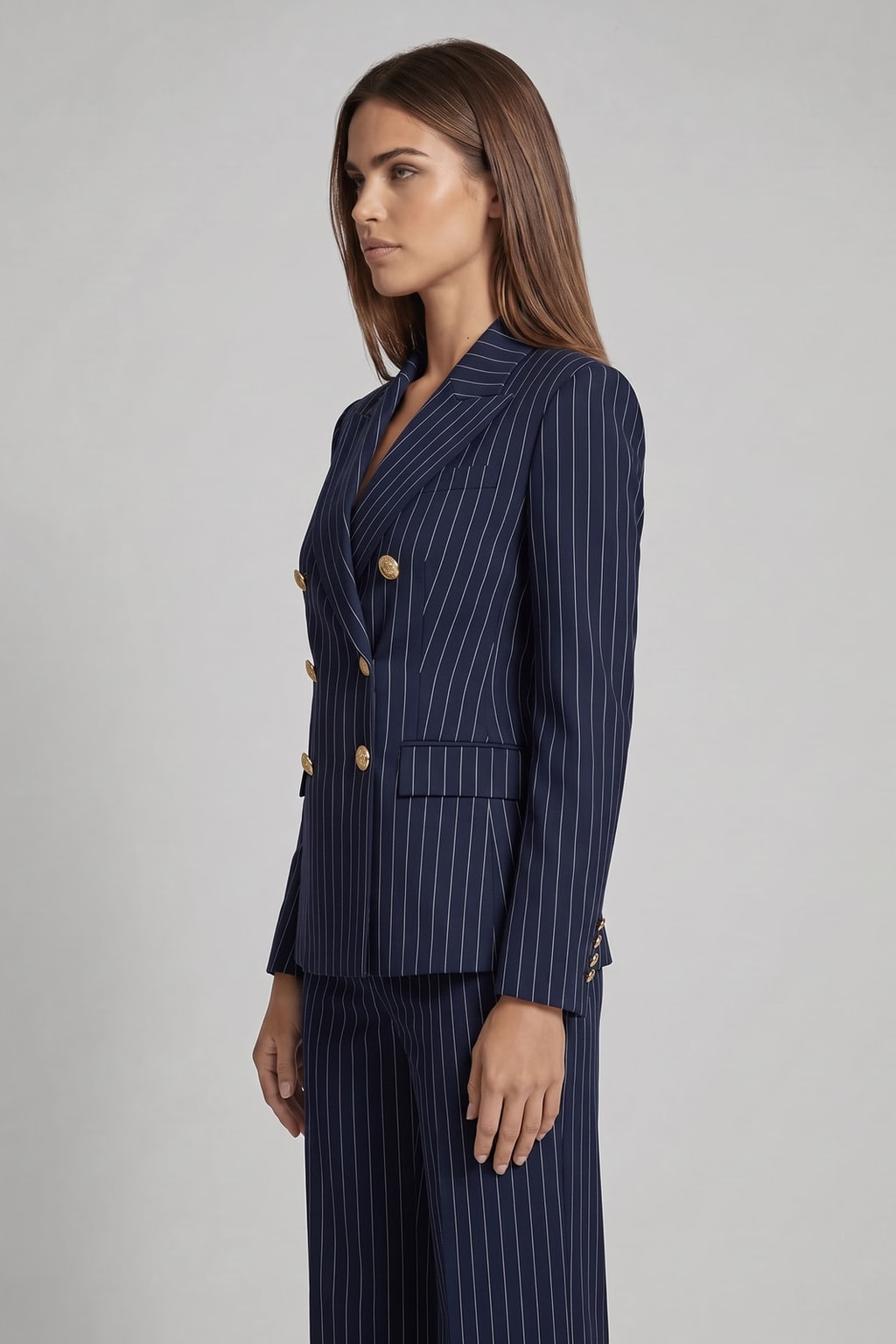 Elegant Pinstripe Double-Breasted Blazer & Wide-Leg Pants Set - 9