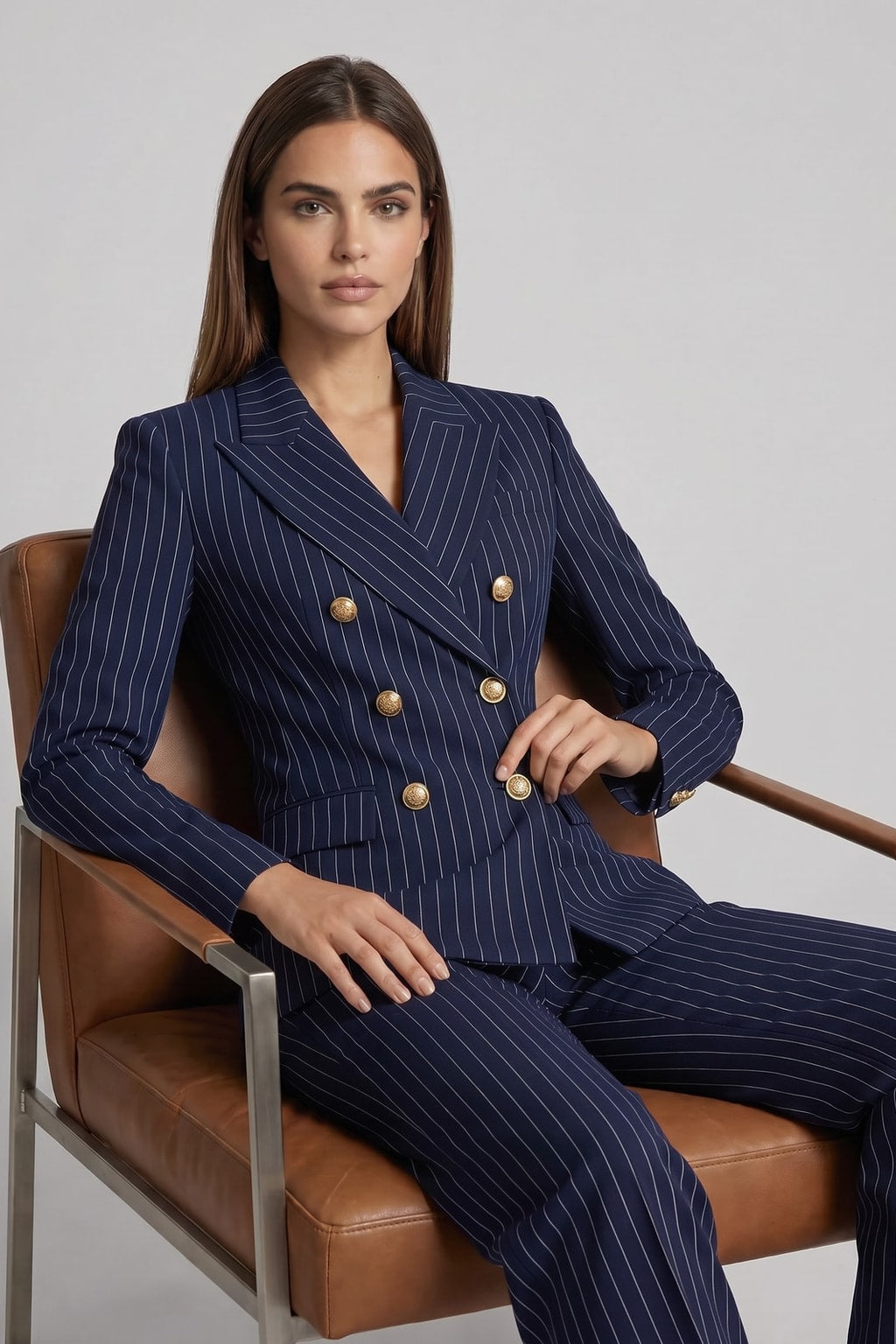 Elegant Pinstripe Double-Breasted Blazer & Wide-Leg Pants Set - 10