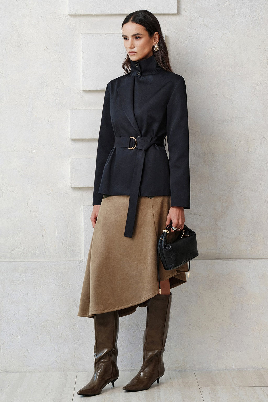 Navy Cotton Blend Trench Coat With Belted Waist - 5