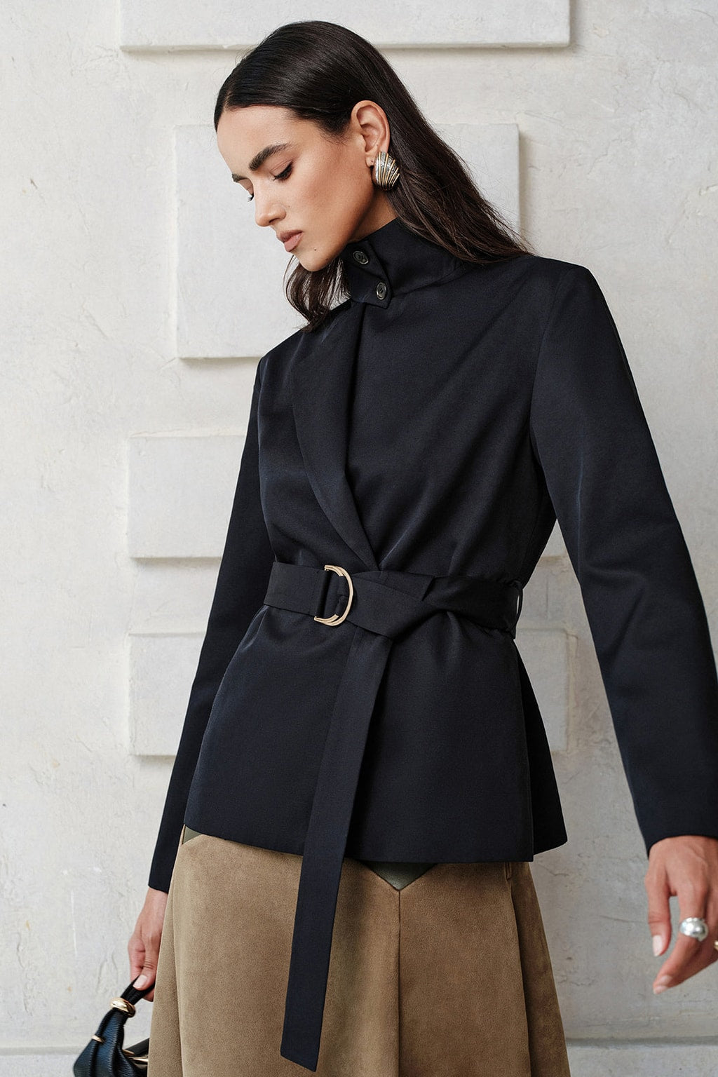 Navy Cotton Blend Trench Coat With Belted Waist - 4