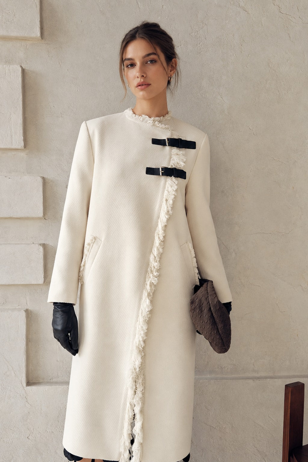 Off-White Woven Trench Coat With Fringe Trim - 2