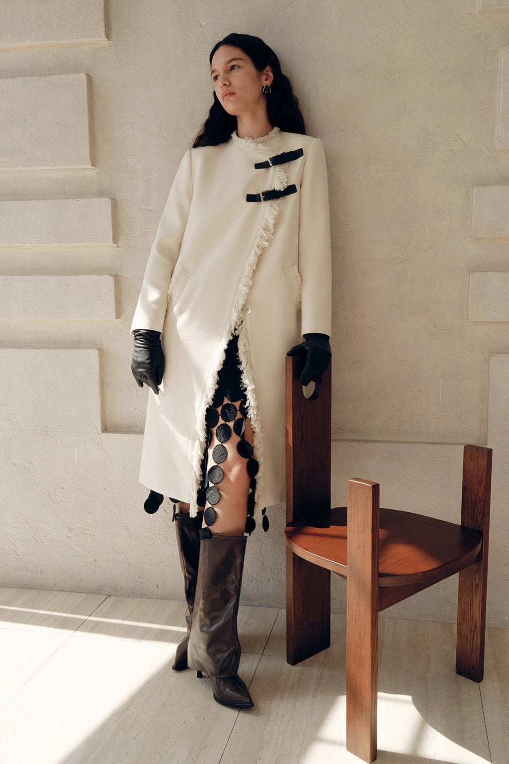 Off-White Woven Trench Coat With Fringe Trim - 3