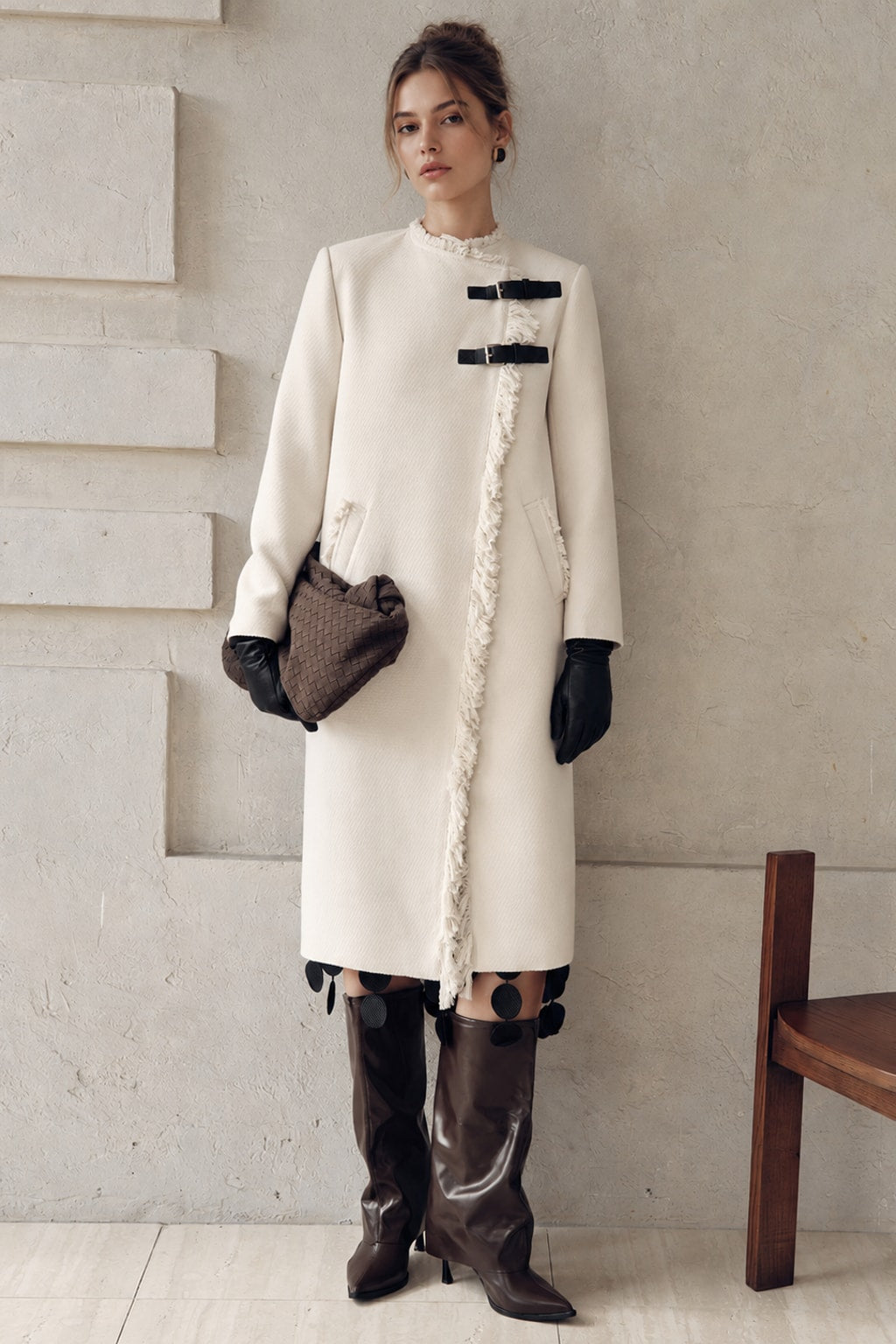 Off-White Woven Trench Coat With Fringe Trim - 4