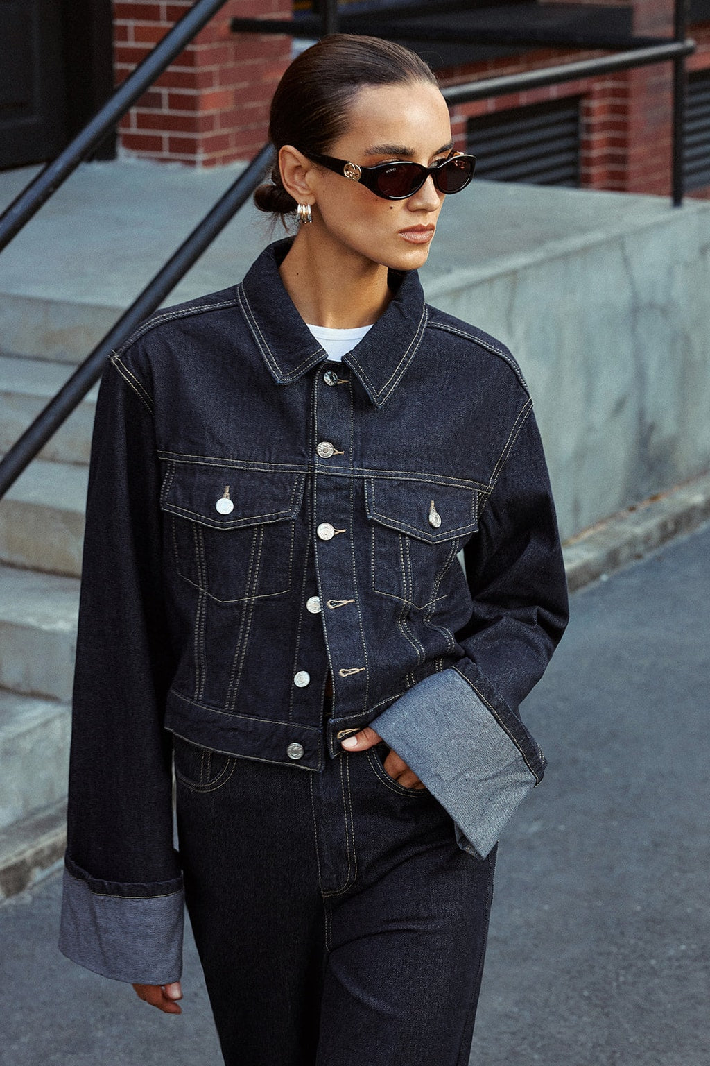 Blue Denim Jacket With Cuffed Sleeves - 2