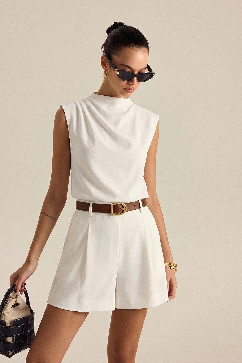 Woven Draped Top & Belted Shorts Set - 2