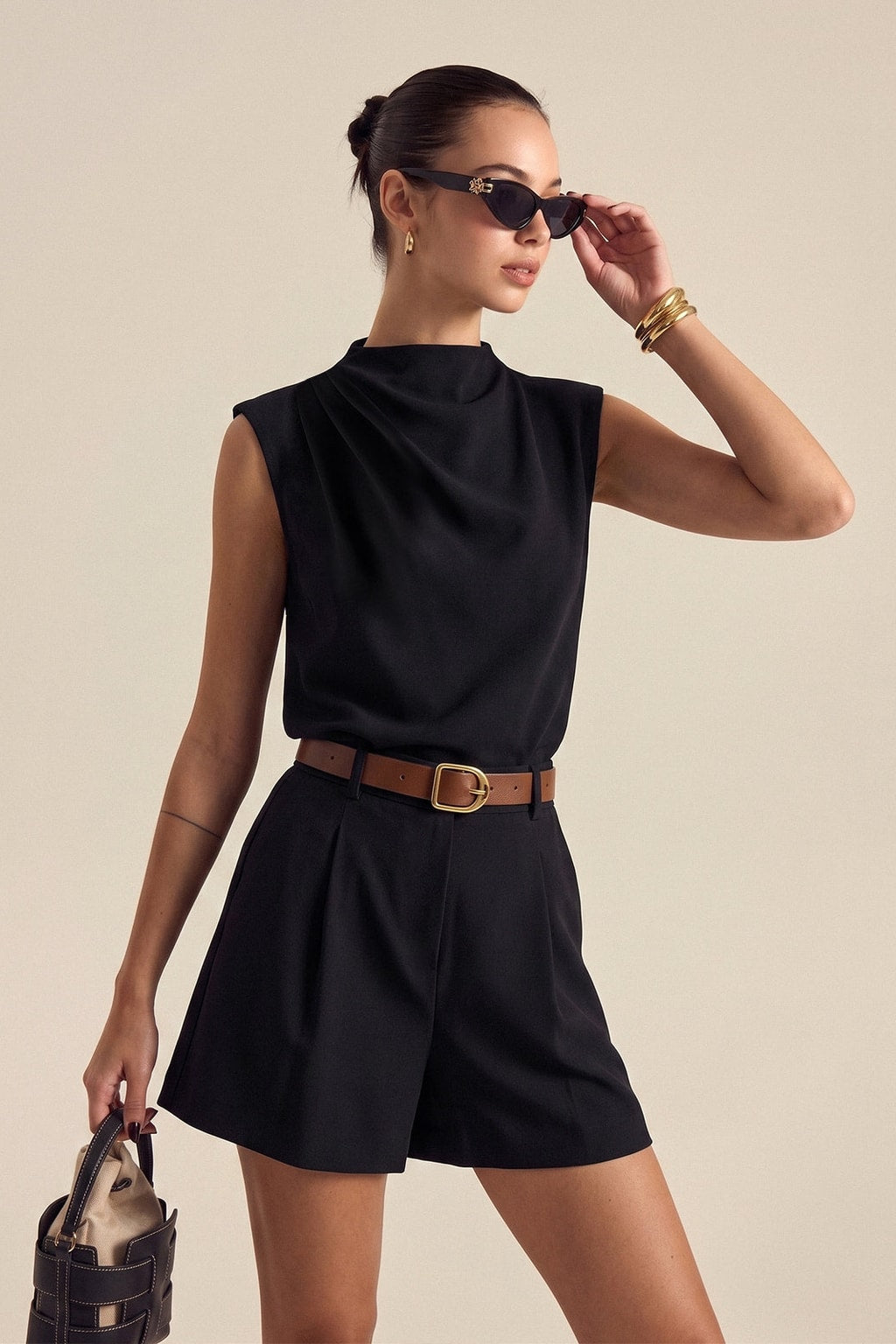 Woven Draped Top & Belted Shorts Set - 7