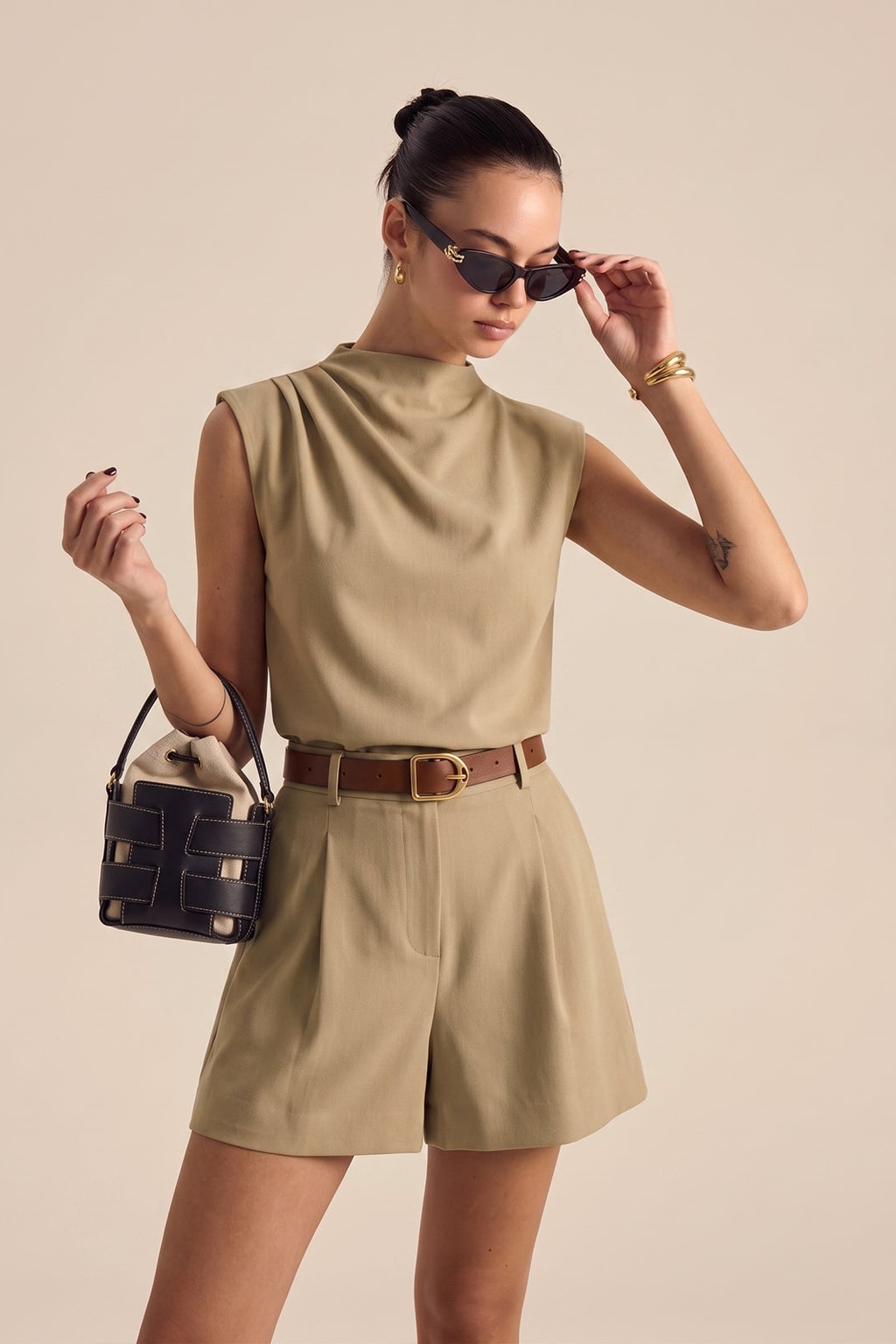 Woven Draped Top & Belted Shorts Set - 8