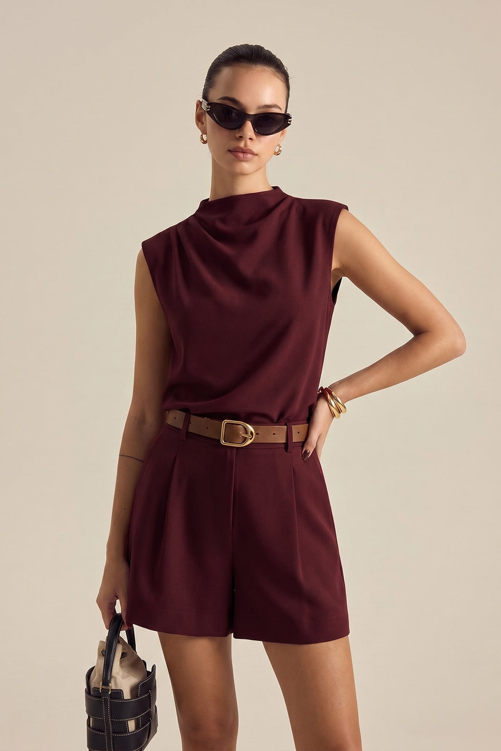 Woven Draped Top & Belted Shorts Set - 9