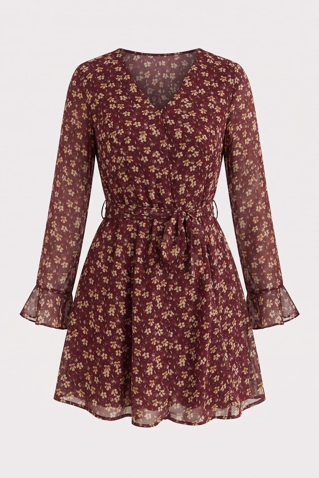 Floral Burgundy Mini Dress With Ruffle Sleeves - 1