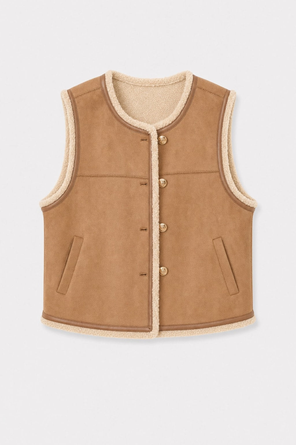 Camel Faux Shearling Vest with Gold Buttons - 1