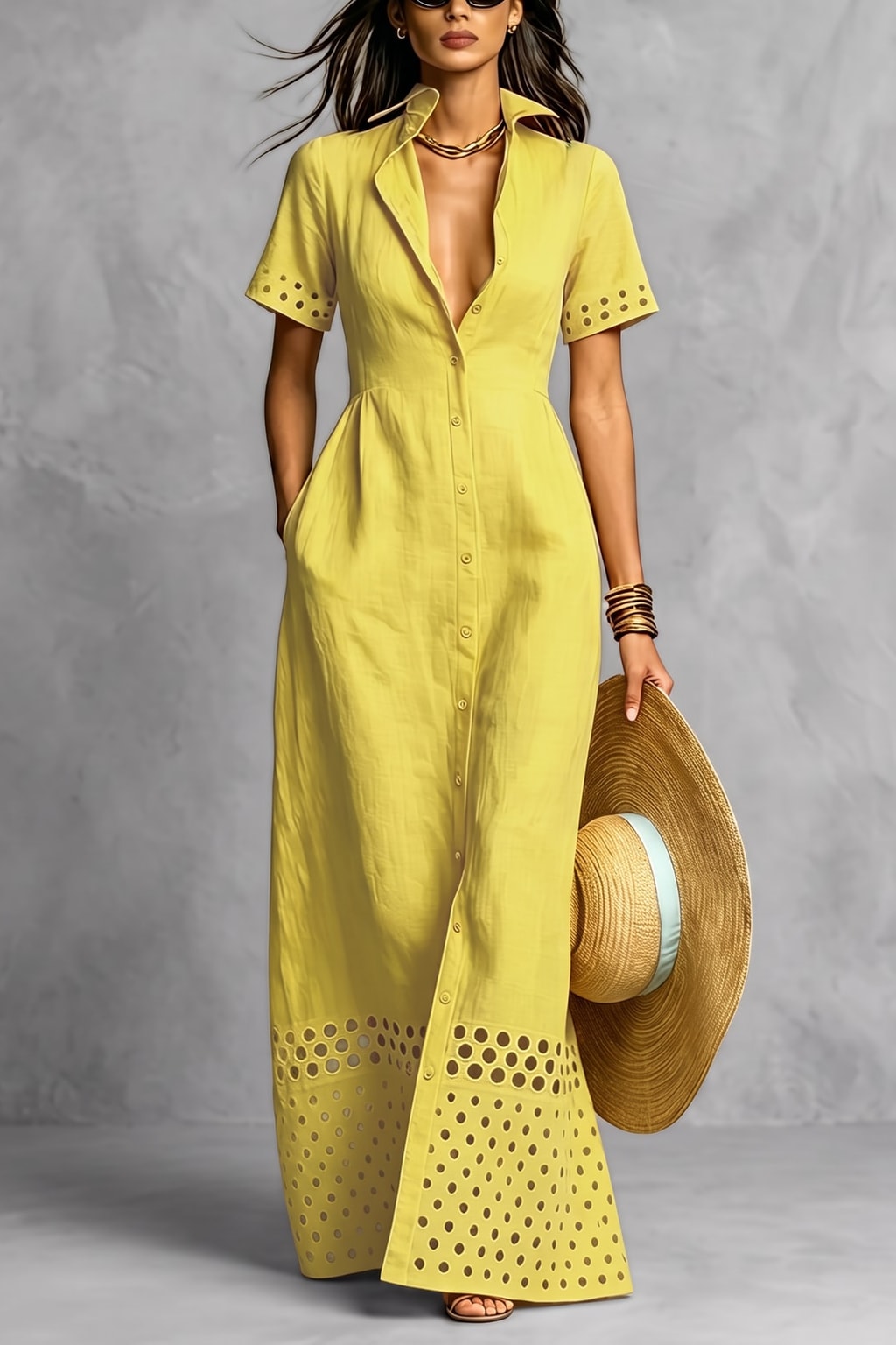 Elegant Linen Blend Maxi Dress with Split-Front Design - 2