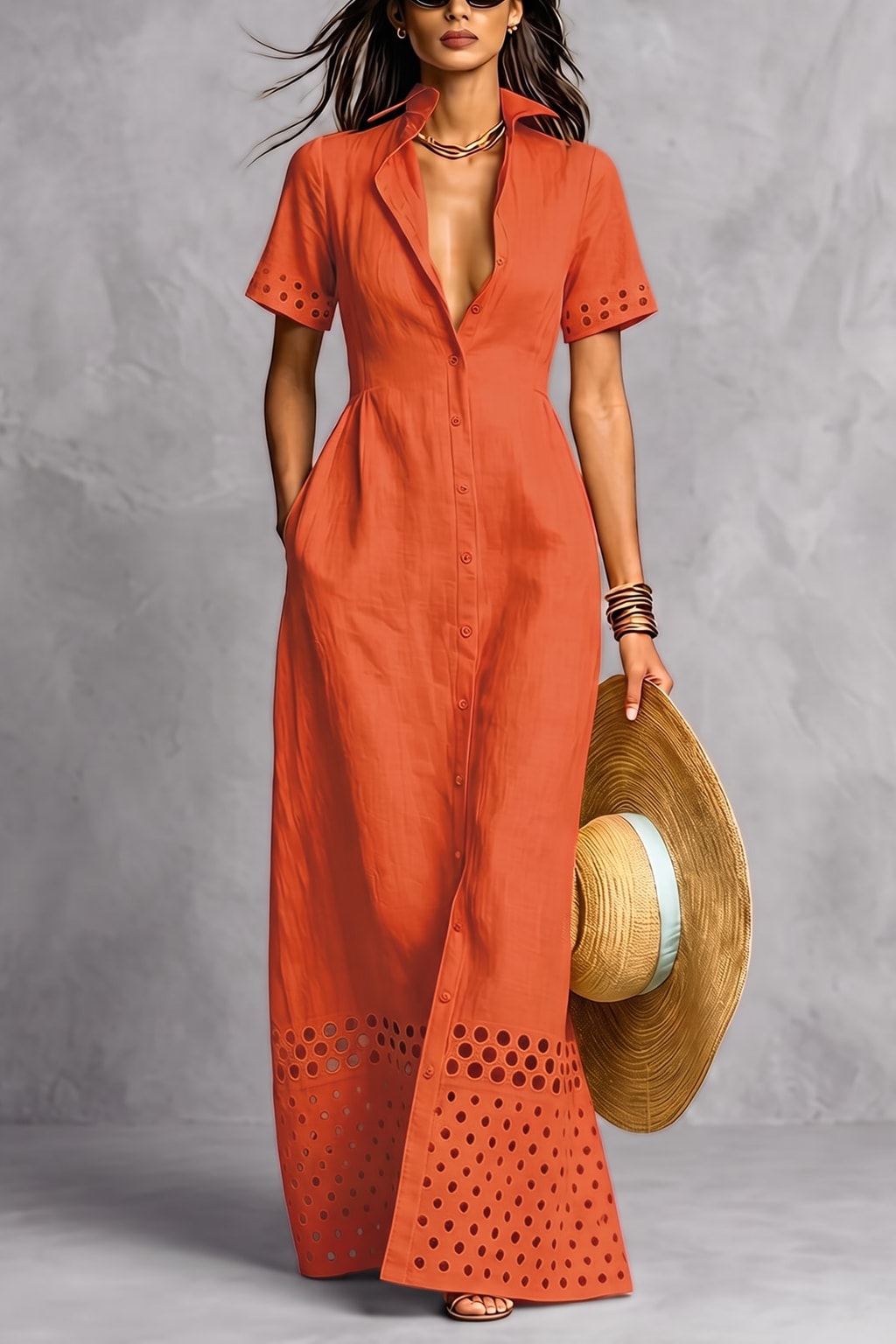 Elegant Linen Blend Maxi Dress with Split-Front Design - 6
