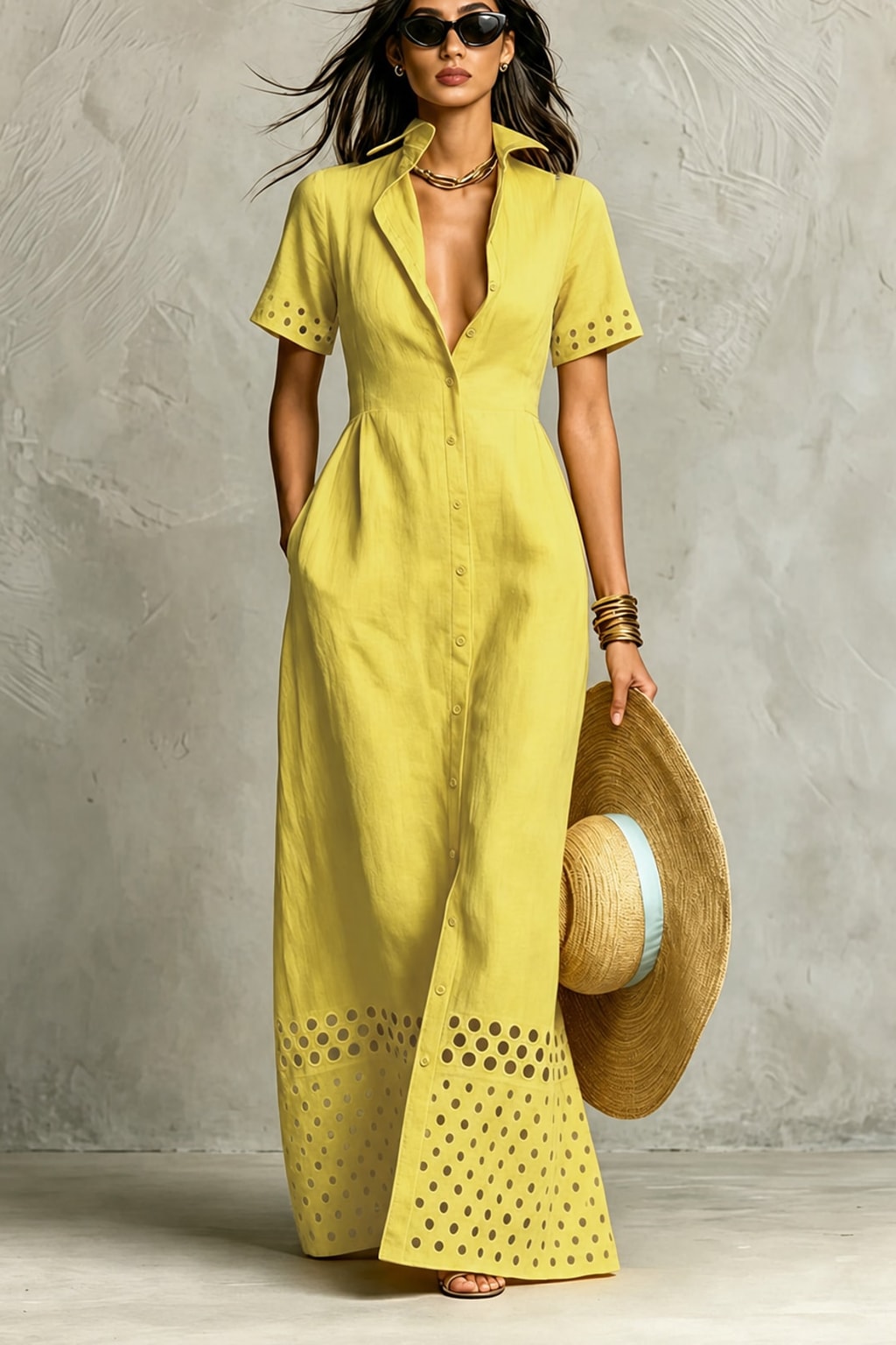 Elegant Linen Blend Maxi Dress with Split-Front Design - 5