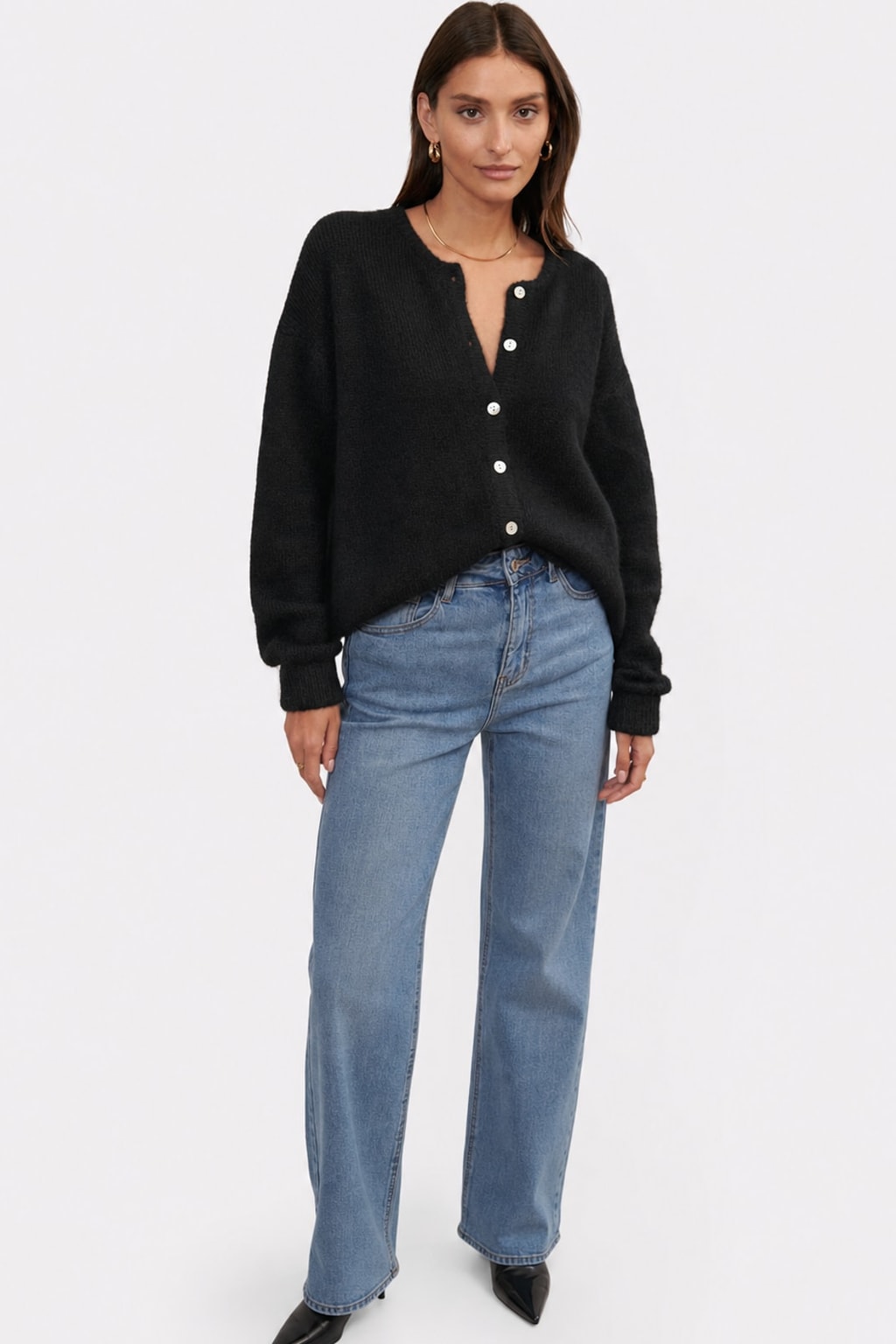 Black Knit Cardigan With Pearl Buttons - 3