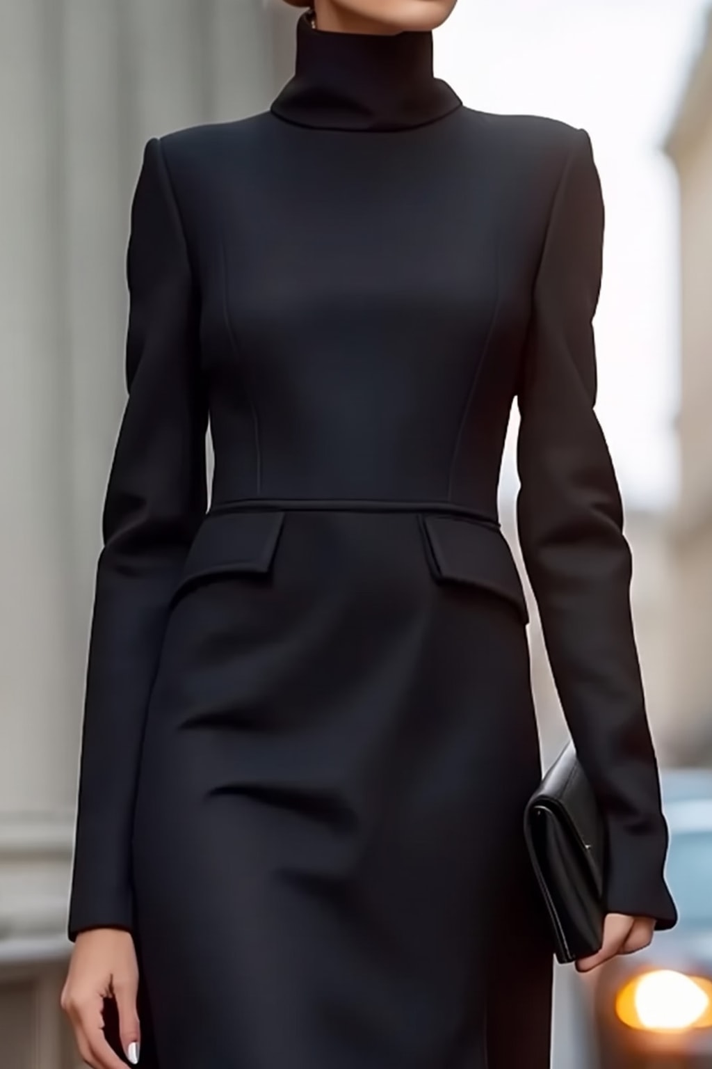 Elegant Polyester Midi Dress with High Neck - 5