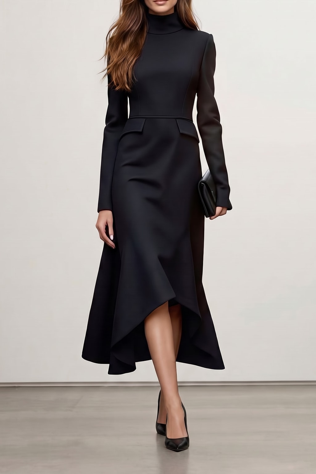 Elegant Polyester Midi Dress with High Neck - 2