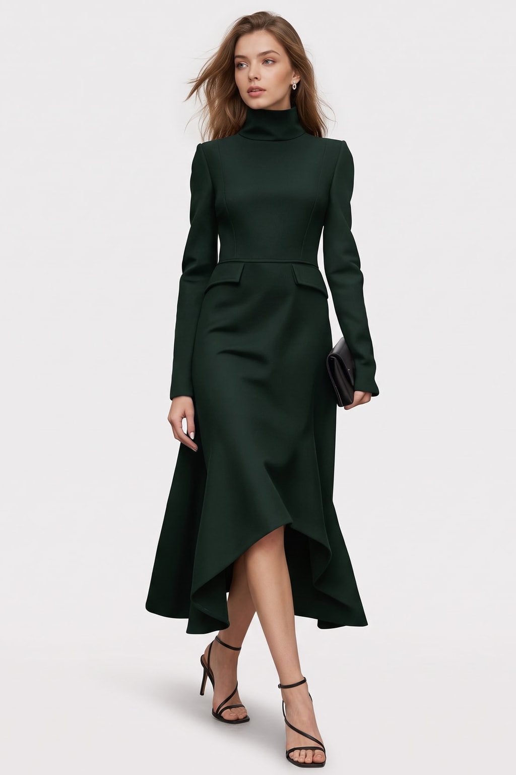 Elegant Polyester Midi Dress with High Neck - 3