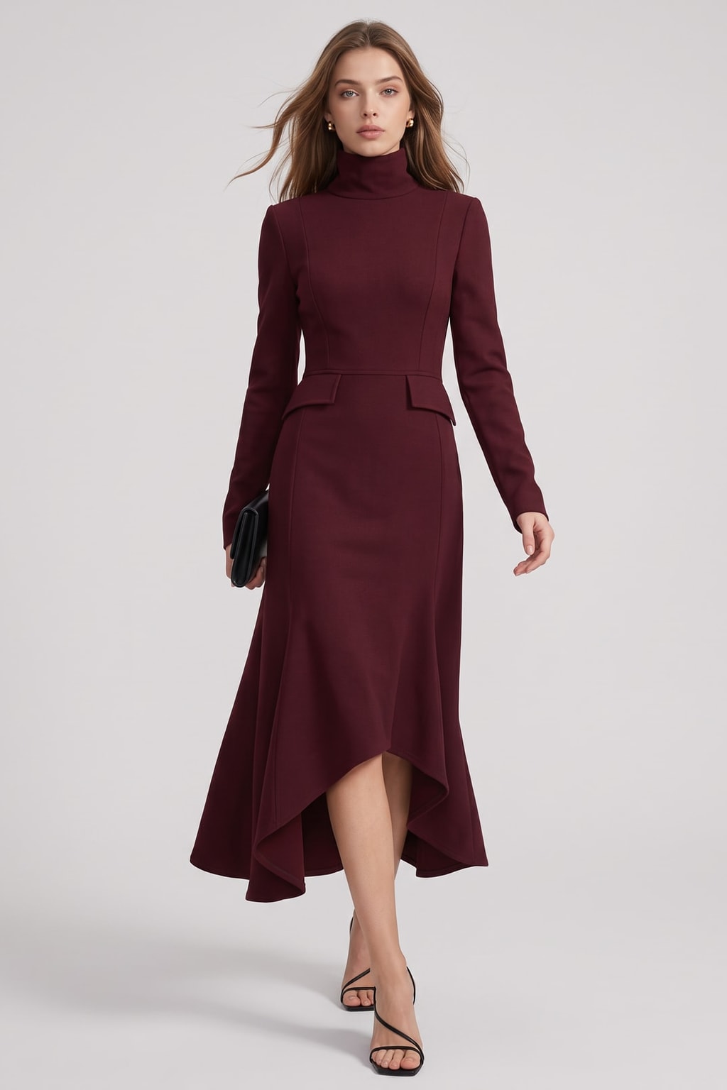 Elegant Polyester Midi Dress with High Neck - 4