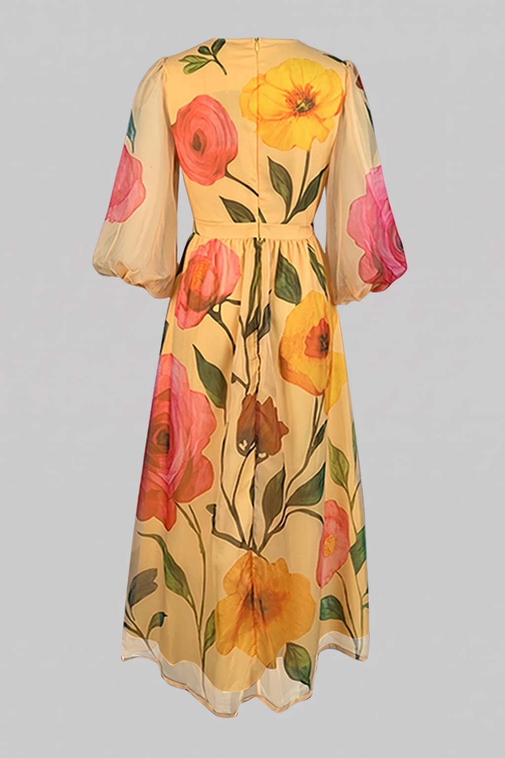 Relaxed Mesh Puff-Sleeve Floral Midi Dress - 5