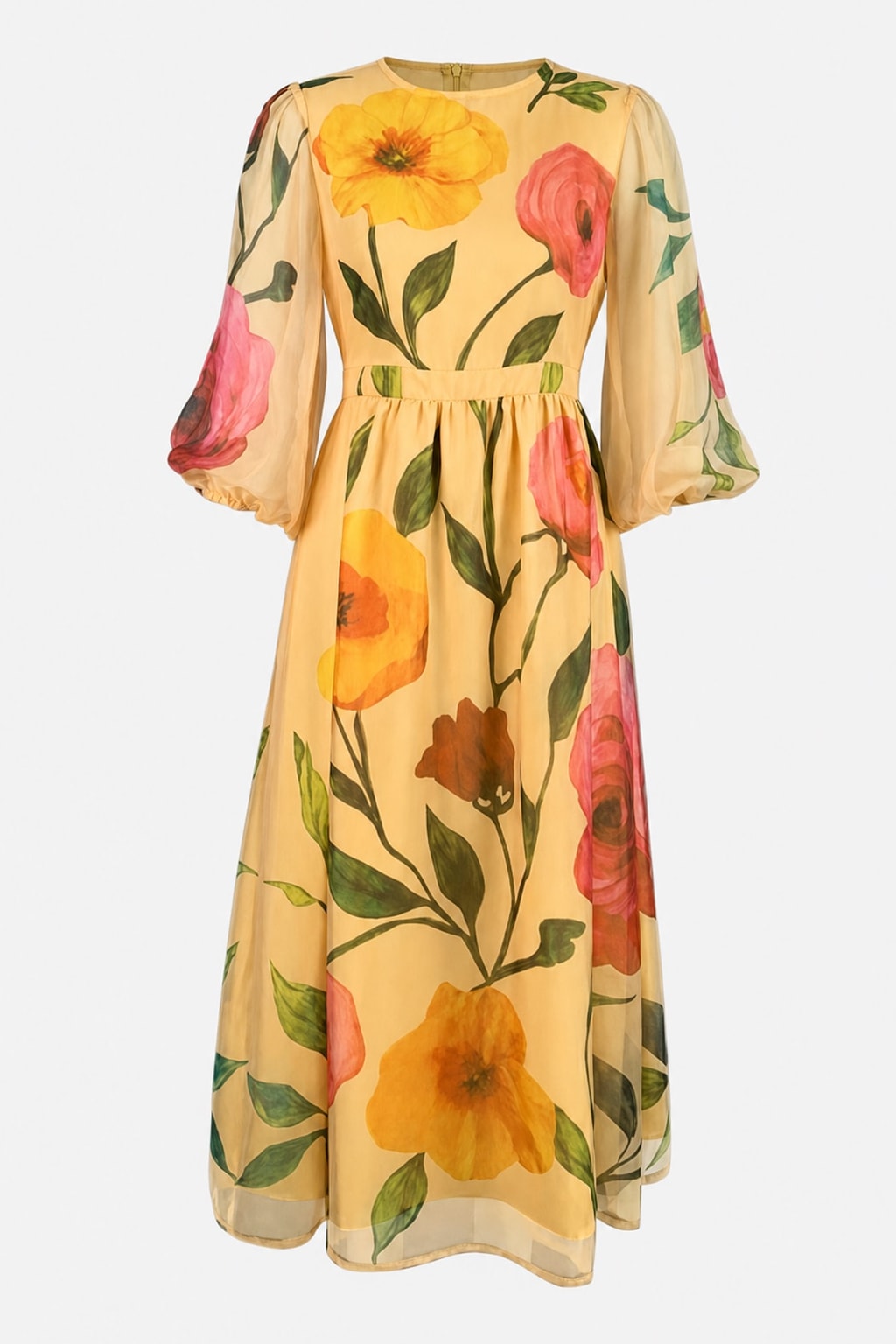 Relaxed Mesh Puff-Sleeve Floral Midi Dress - 1