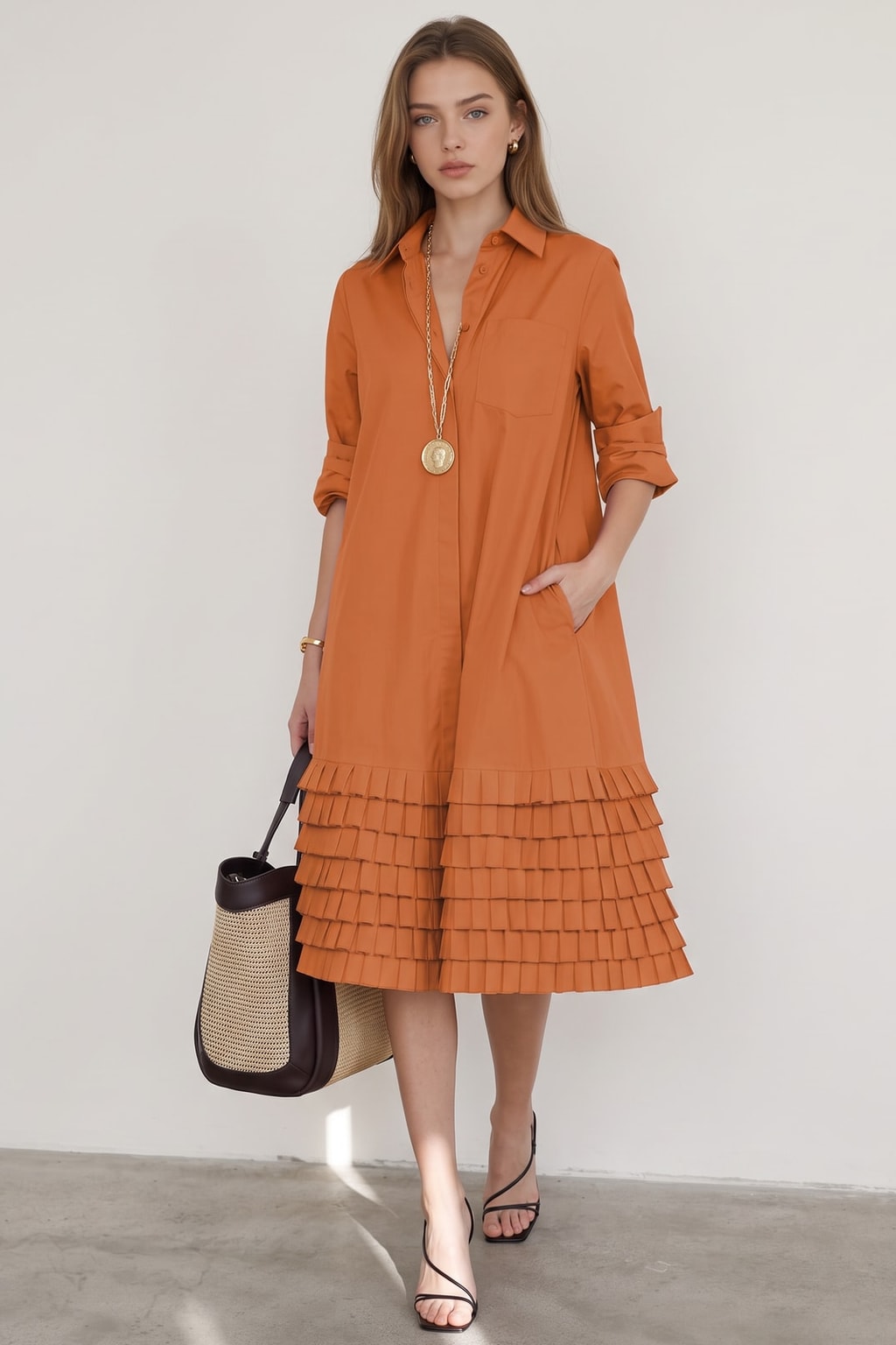 Elegant Cotton A-Line Midi Shirt Dress With Pleated Layers - 4