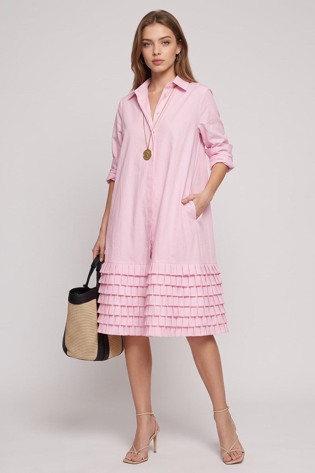 Elegant Cotton A-Line Midi Shirt Dress With Pleated Layers - 3