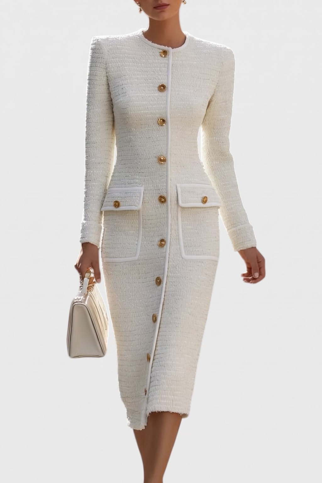 Elegant Tweed Button Front Midi Dress With Patch Pocket Detail - 5
