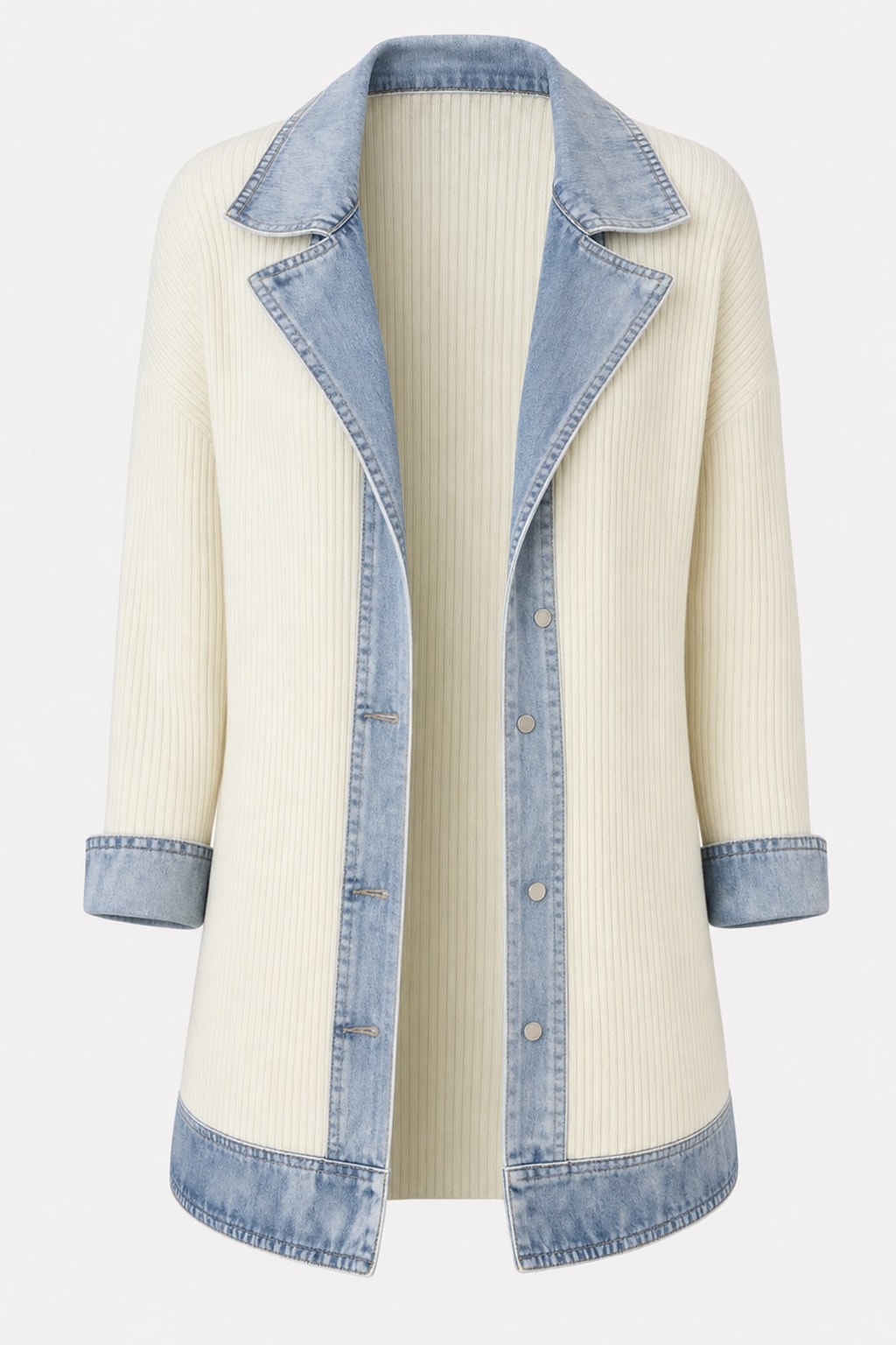 Layered Knit Button Jacket with Denim-Inspired Detail - 1