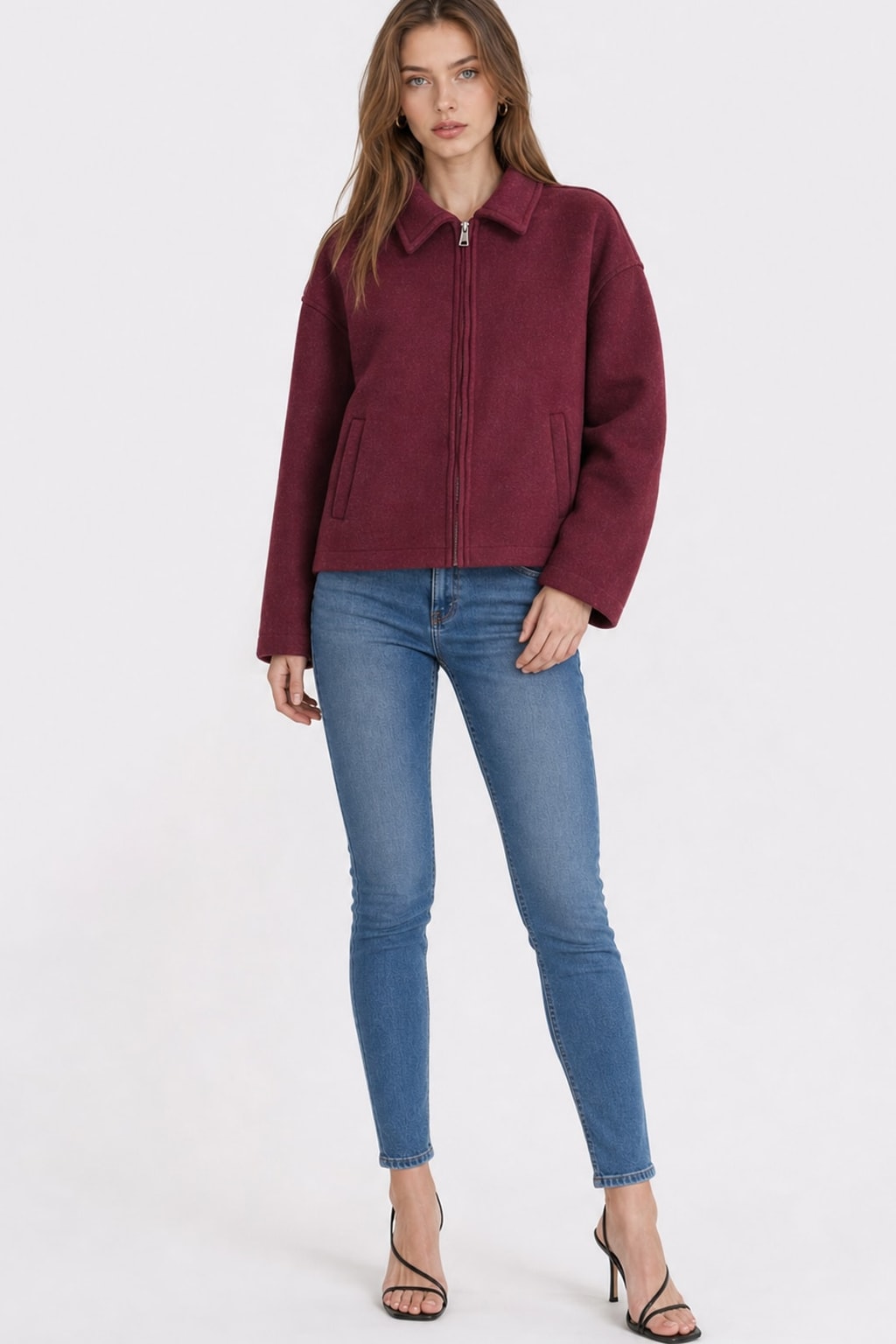 Cozy Wool Blend Cropped Jacket With Wide Collar - 5