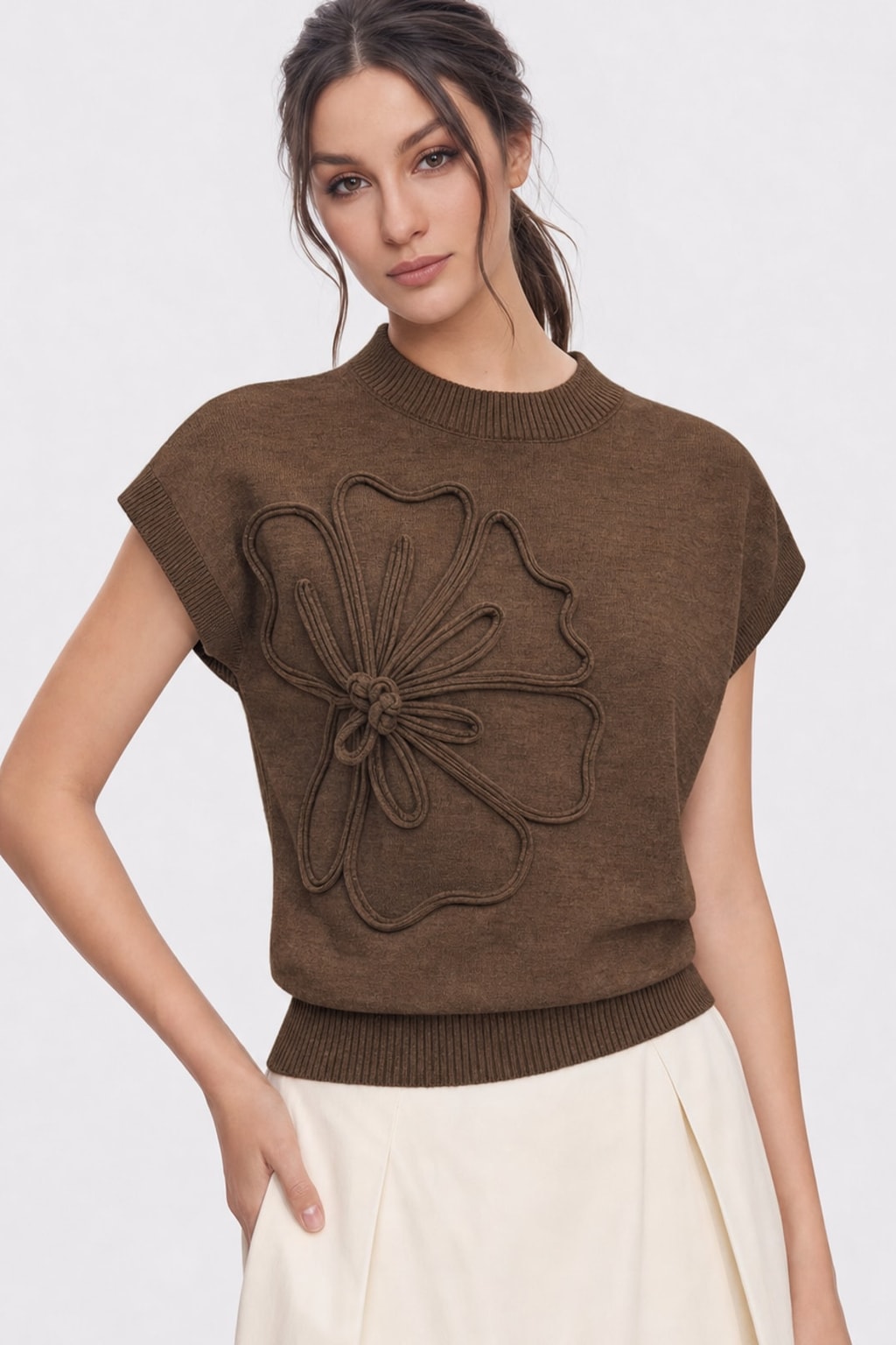 Knit Cap Sleeve Flower Applique Top - 6
