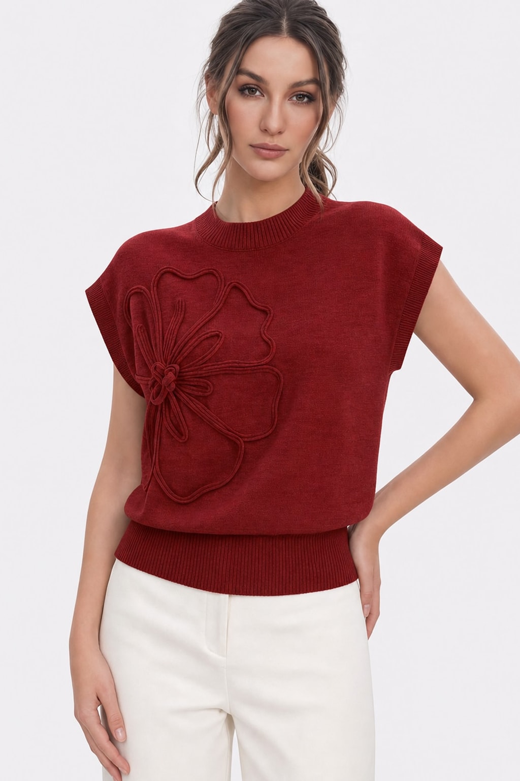 Knit Cap Sleeve Flower Applique Top - 5