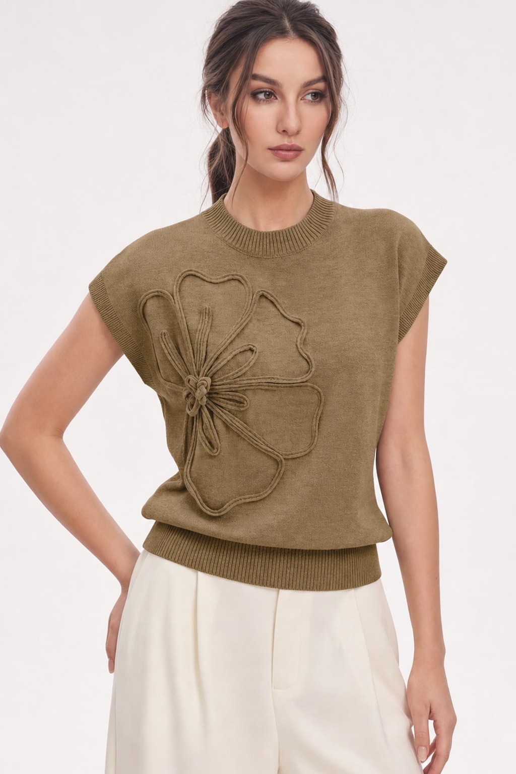 Knit Cap Sleeve Flower Applique Top - 7