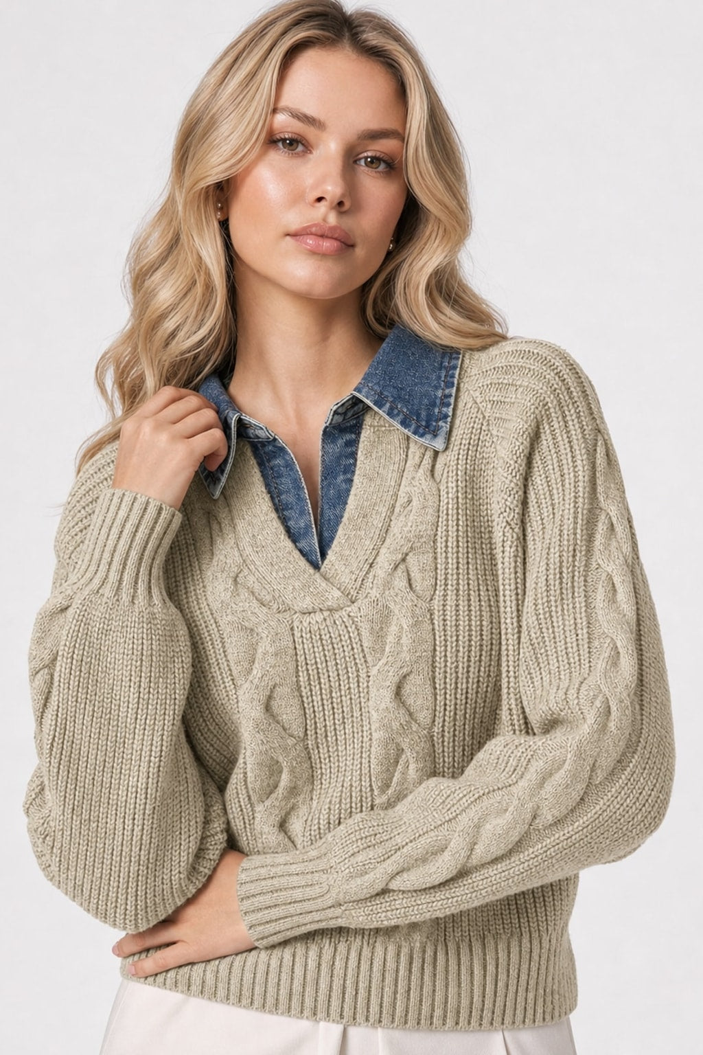 Denim Panel Sweater With Ribbed Lapel - 6