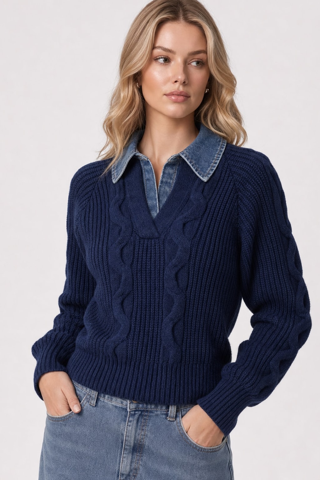 Denim Panel Sweater With Ribbed Lapel - 7