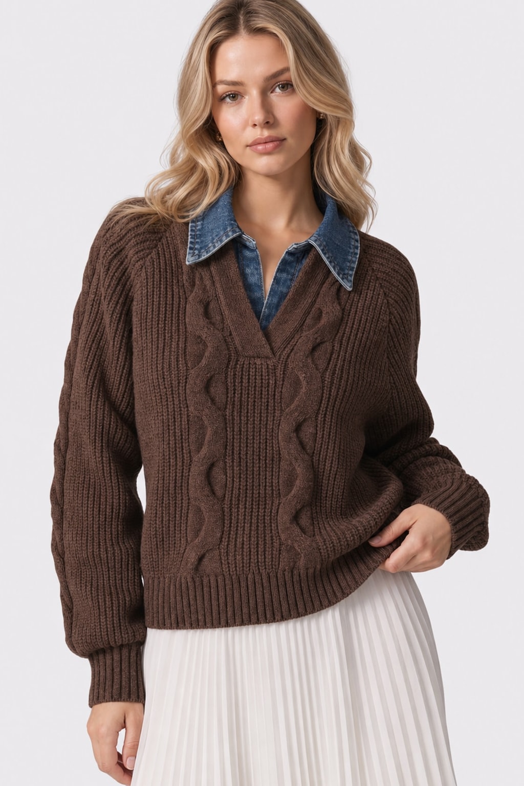Denim Panel Sweater With Ribbed Lapel - 8