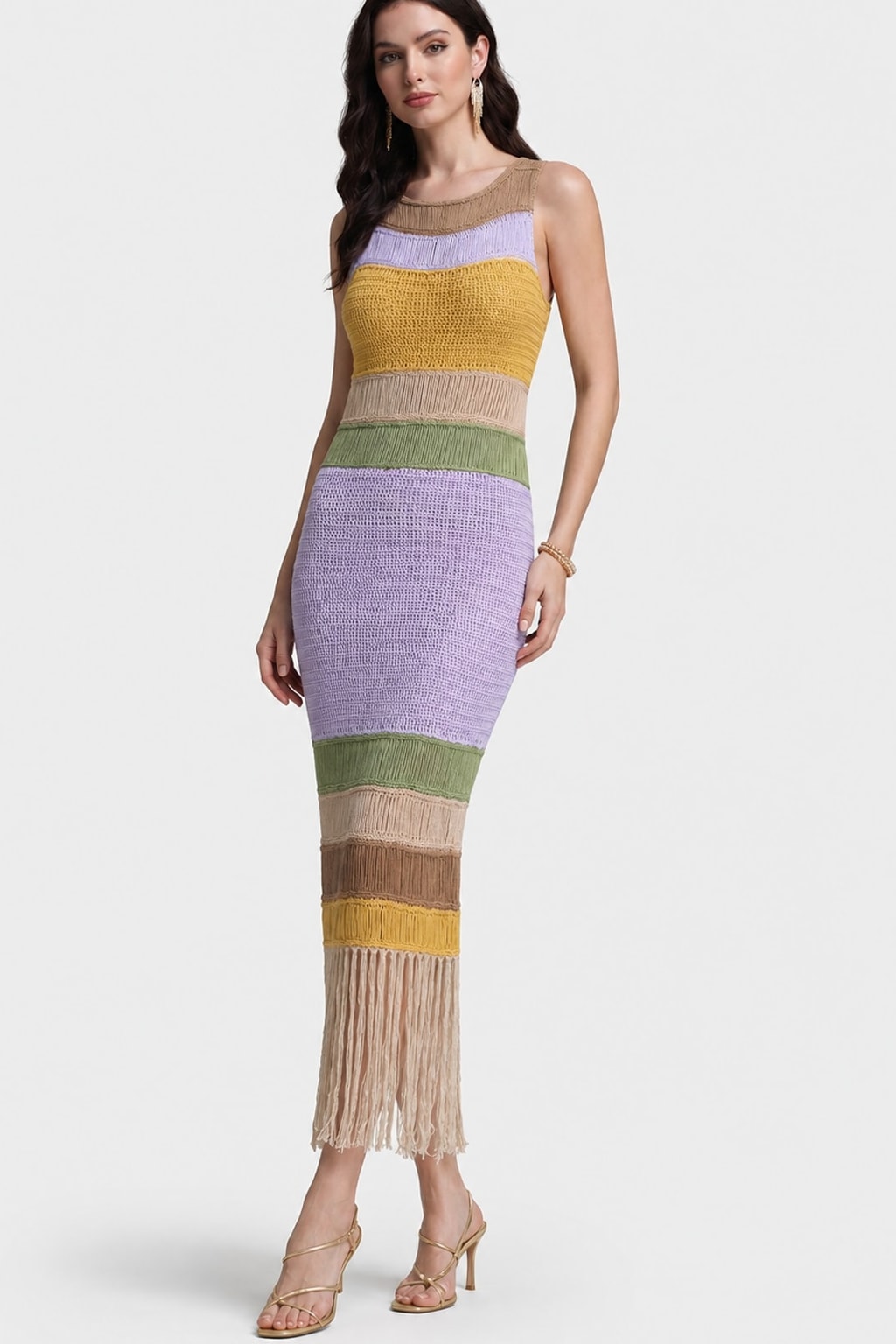 Open Knit Fringe Sleeveless Midi Dress - 6