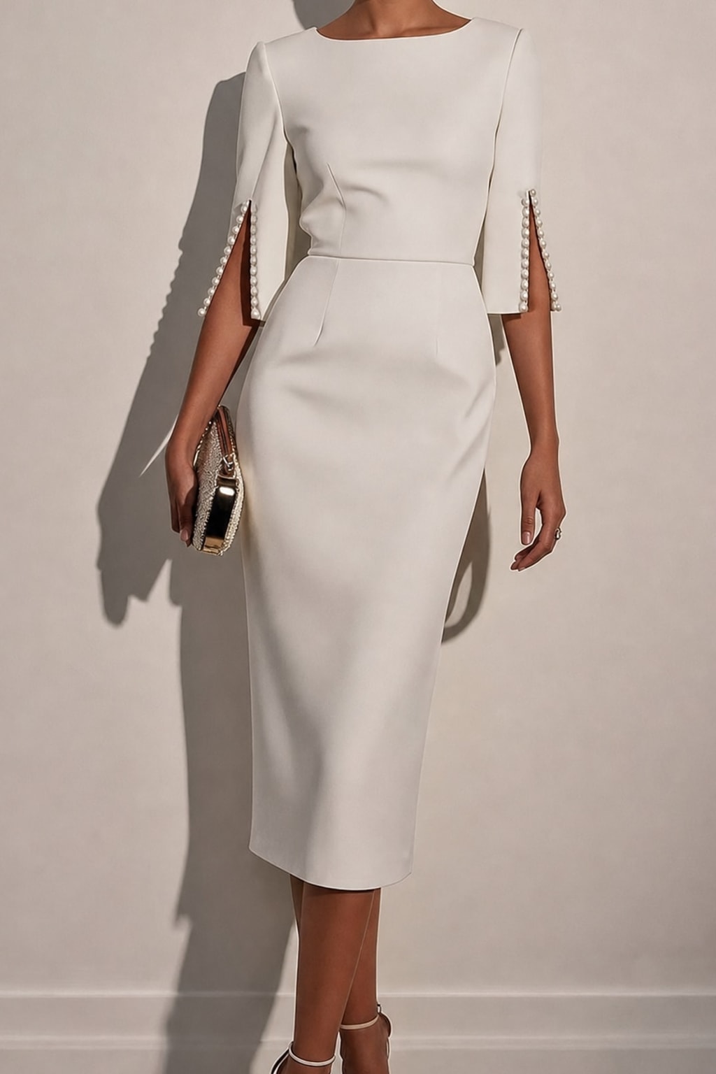 Elegant Polyester Beaded Round Neck Midi Dress - 8