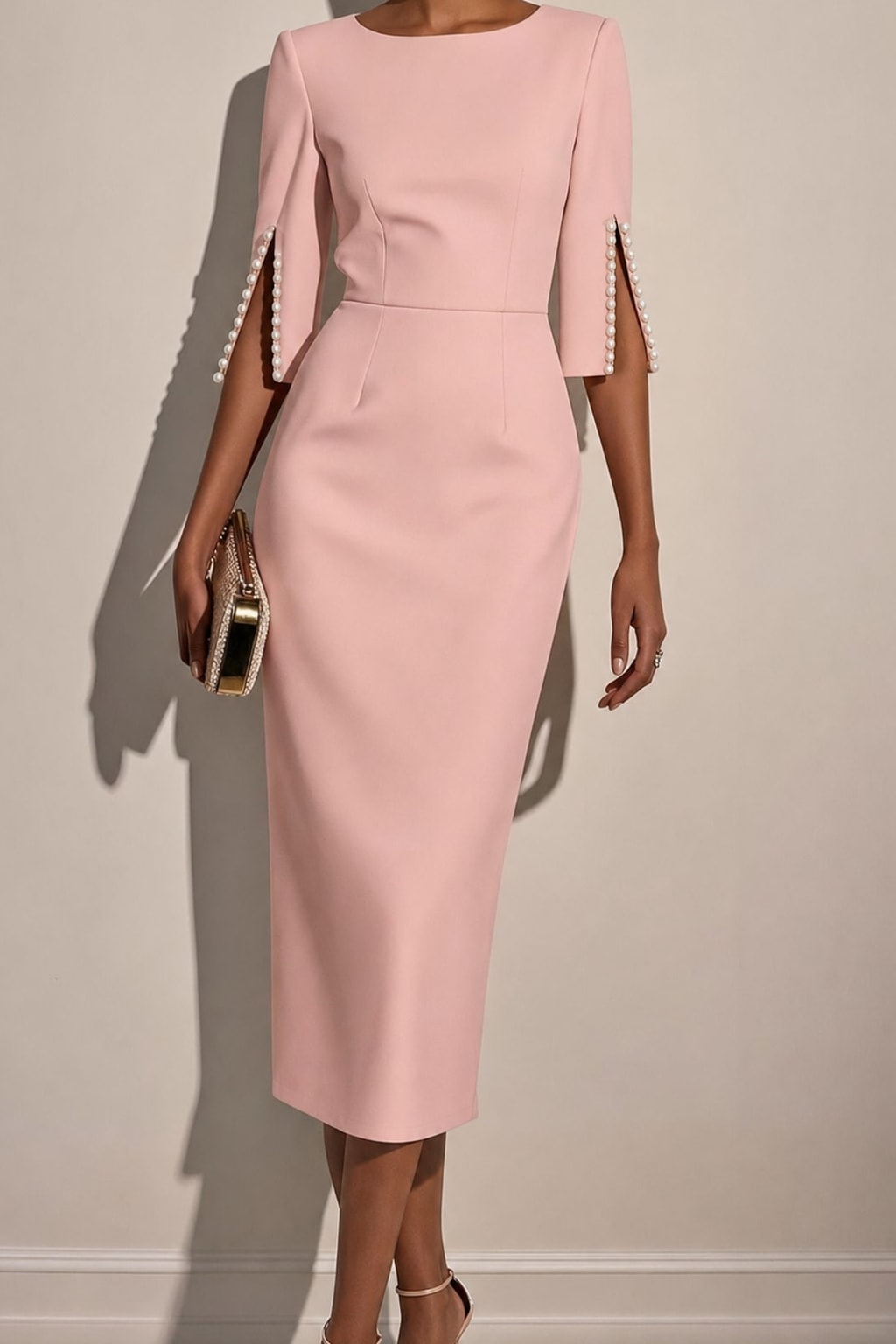 Elegant Polyester Beaded Round Neck Midi Dress - 9