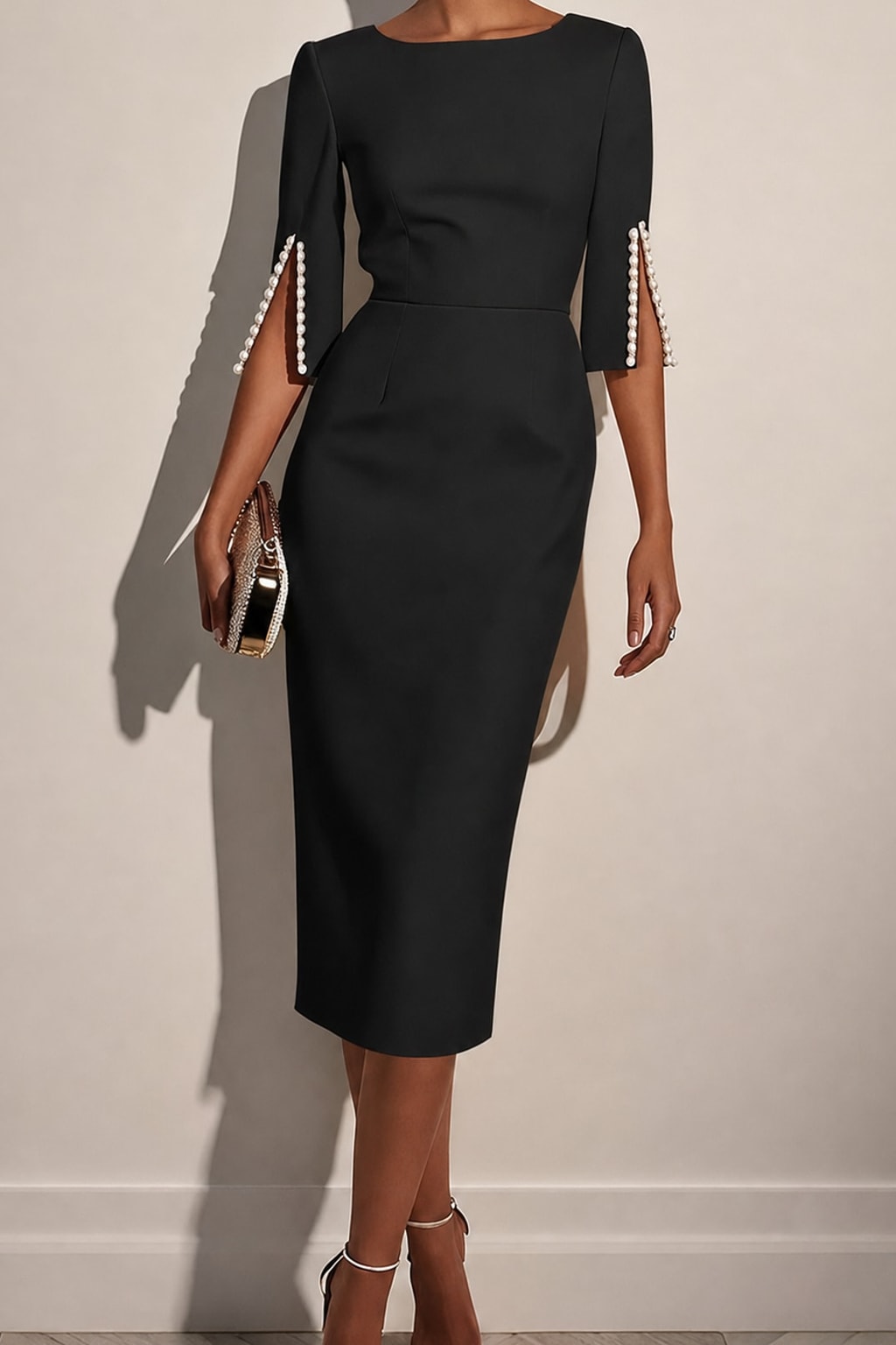 Elegant Polyester Beaded Round Neck Midi Dress - 10