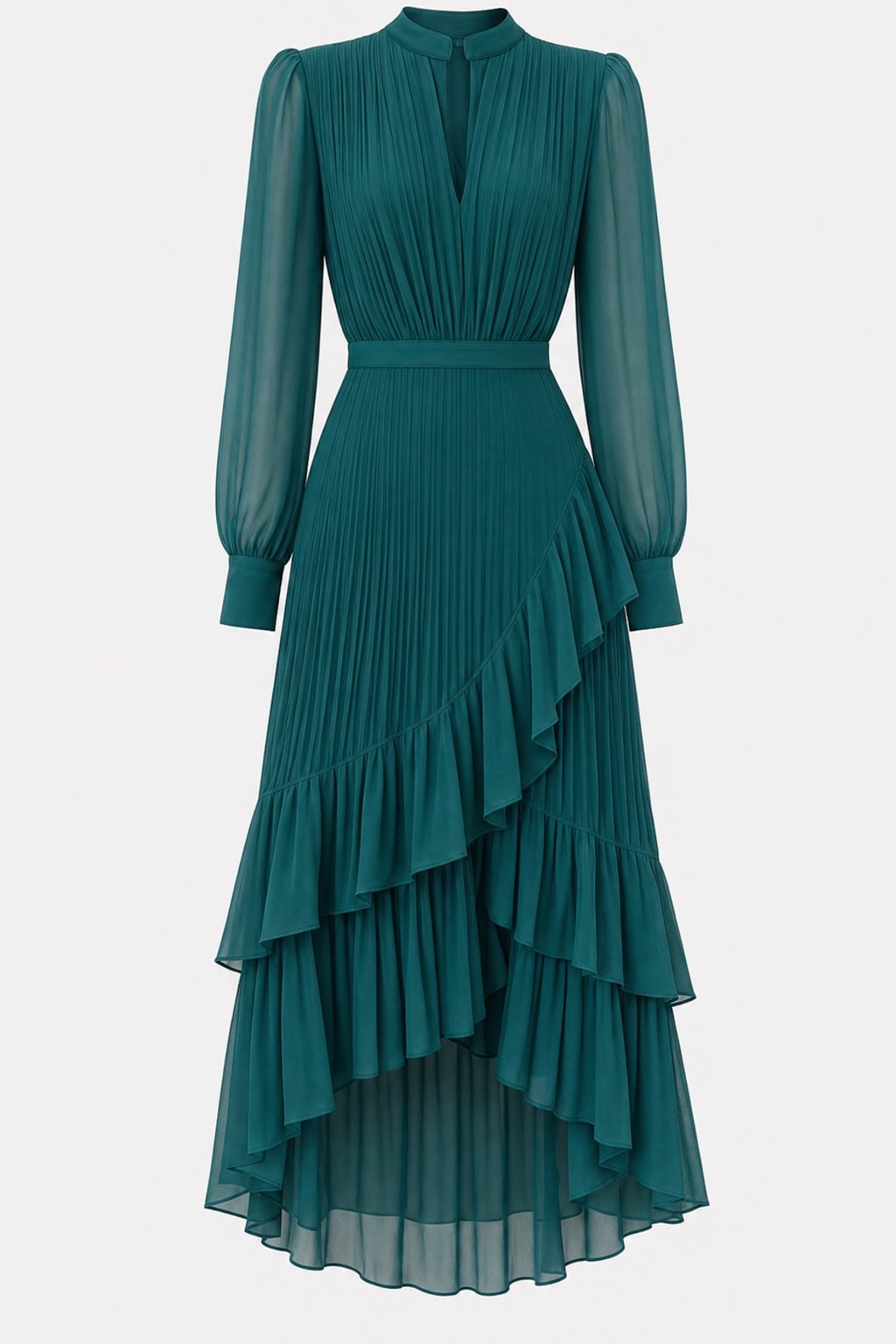 Elegant Polyester Long Sleeve Pleated Waist Midi Dress - 1