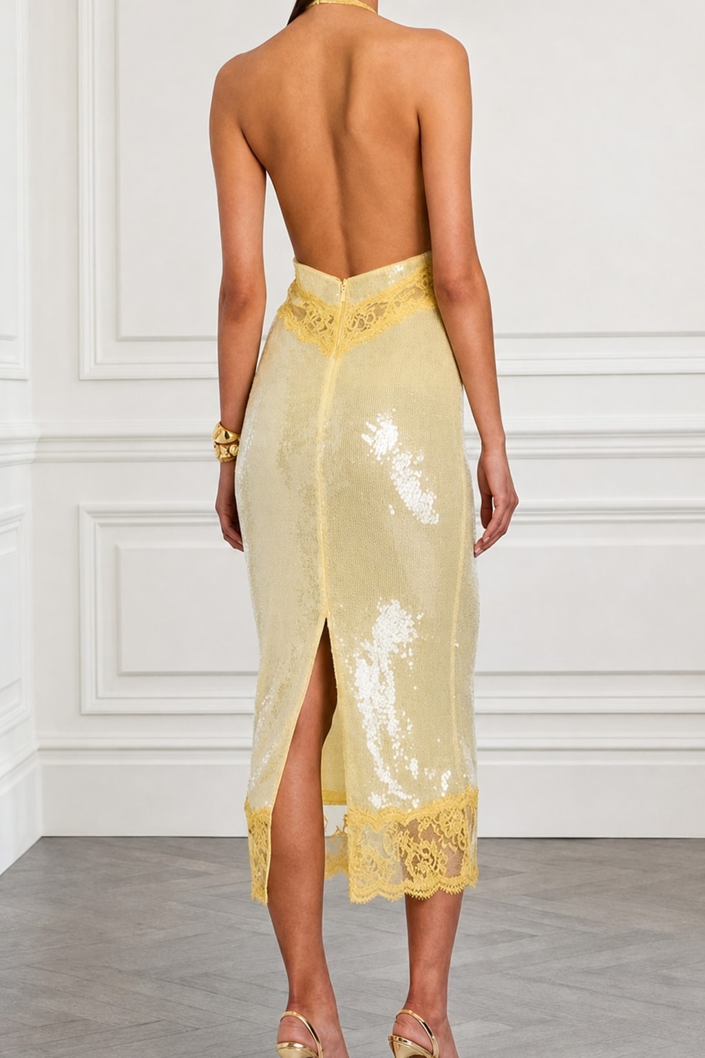 Effortless Sequin Halter Midi Dress With Sheer Lace Trim - 4