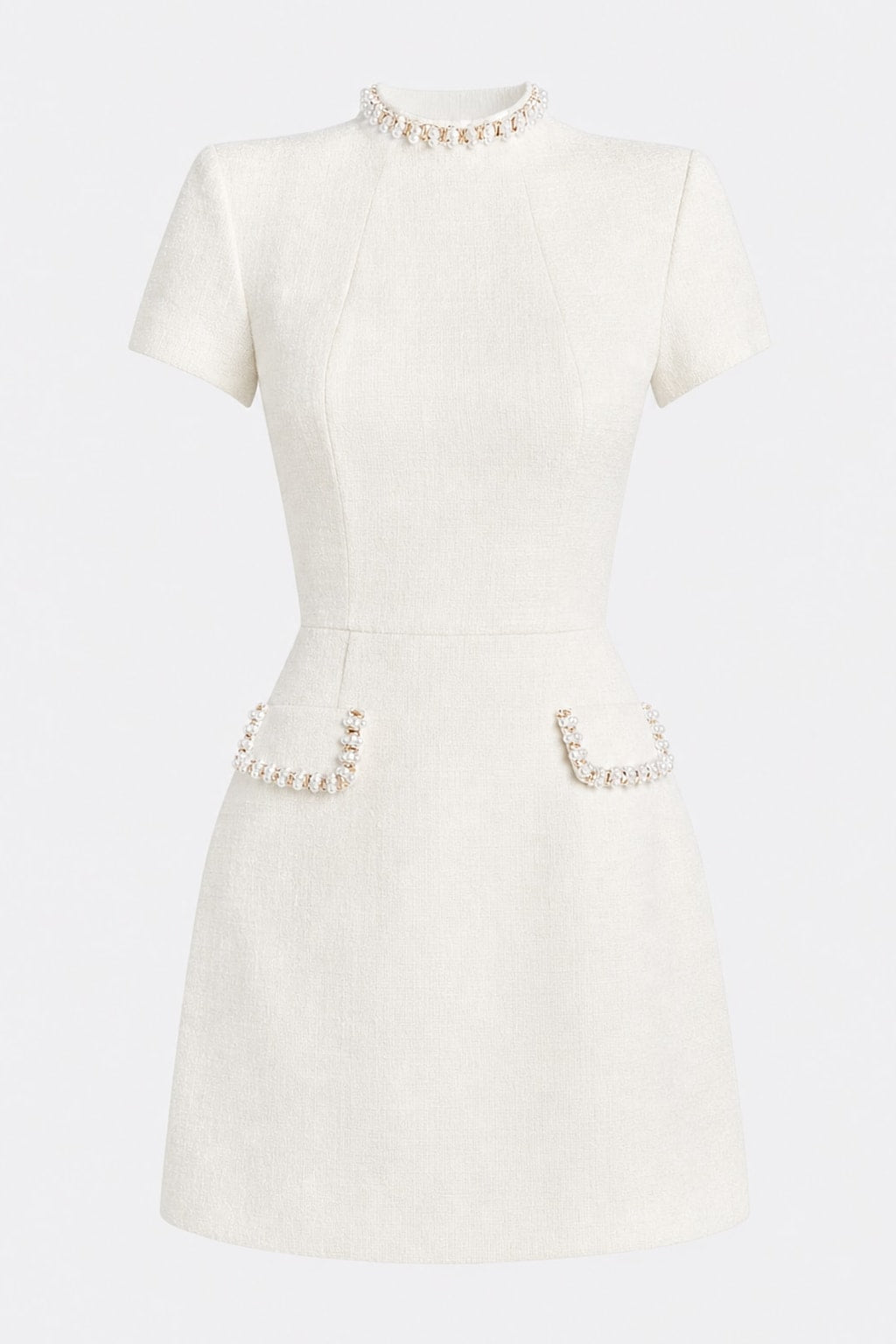 Elegant Tweed Pearl-Trim Mini Dress With Pockets - 1