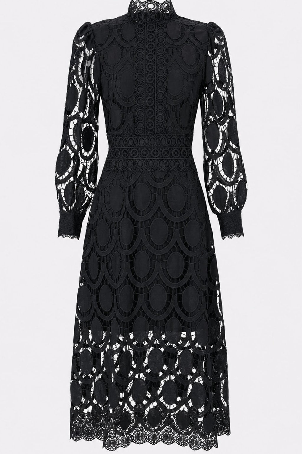 Elegant Polyester Lace Midi Dress With Lantern Sleeves - 1