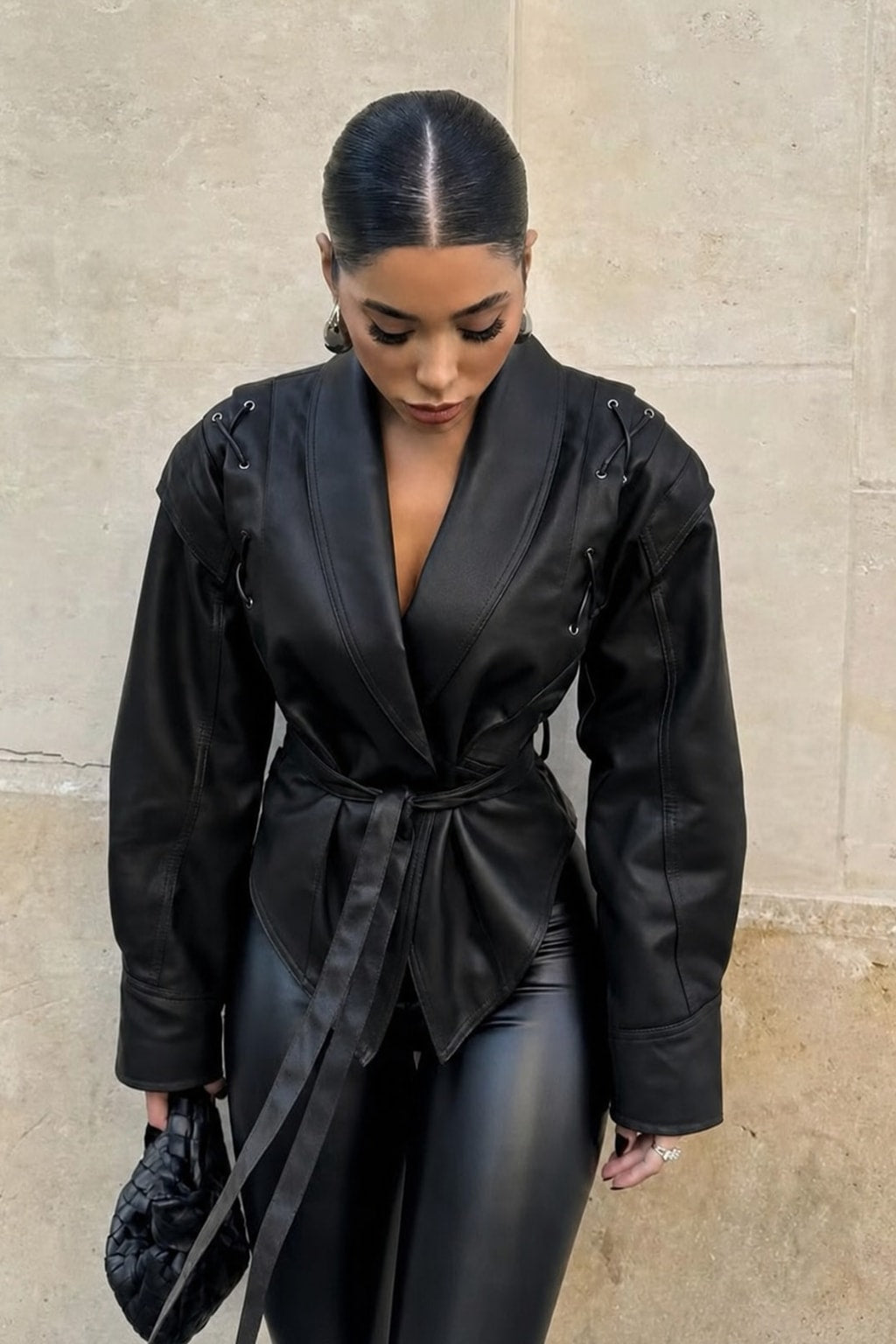 Relaxed Leather Biker Jacket with Notched Lapel - 10