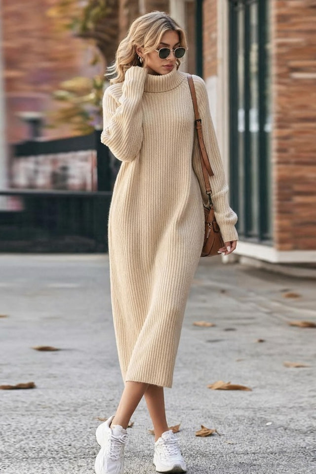 Ribbed Turtleneck Midi Dress with Long Sleeves - 2
