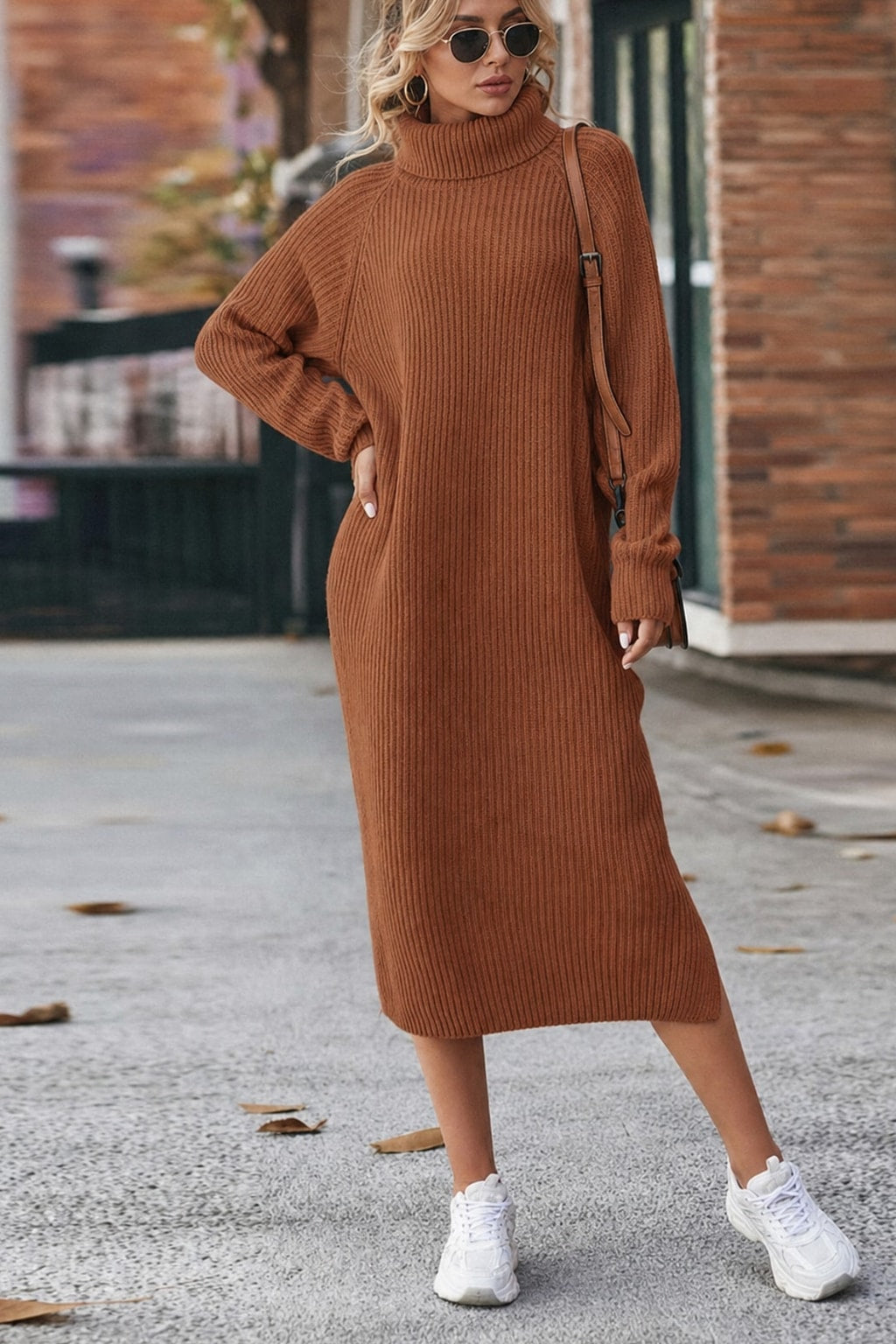 Ribbed Turtleneck Midi Dress with Long Sleeves - 4