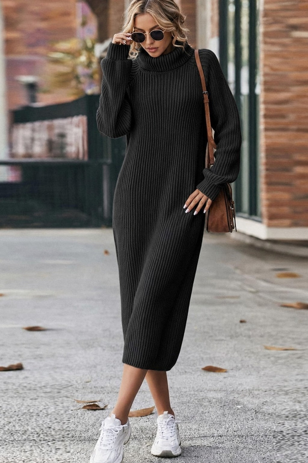Ribbed Turtleneck Midi Dress with Long Sleeves - 5